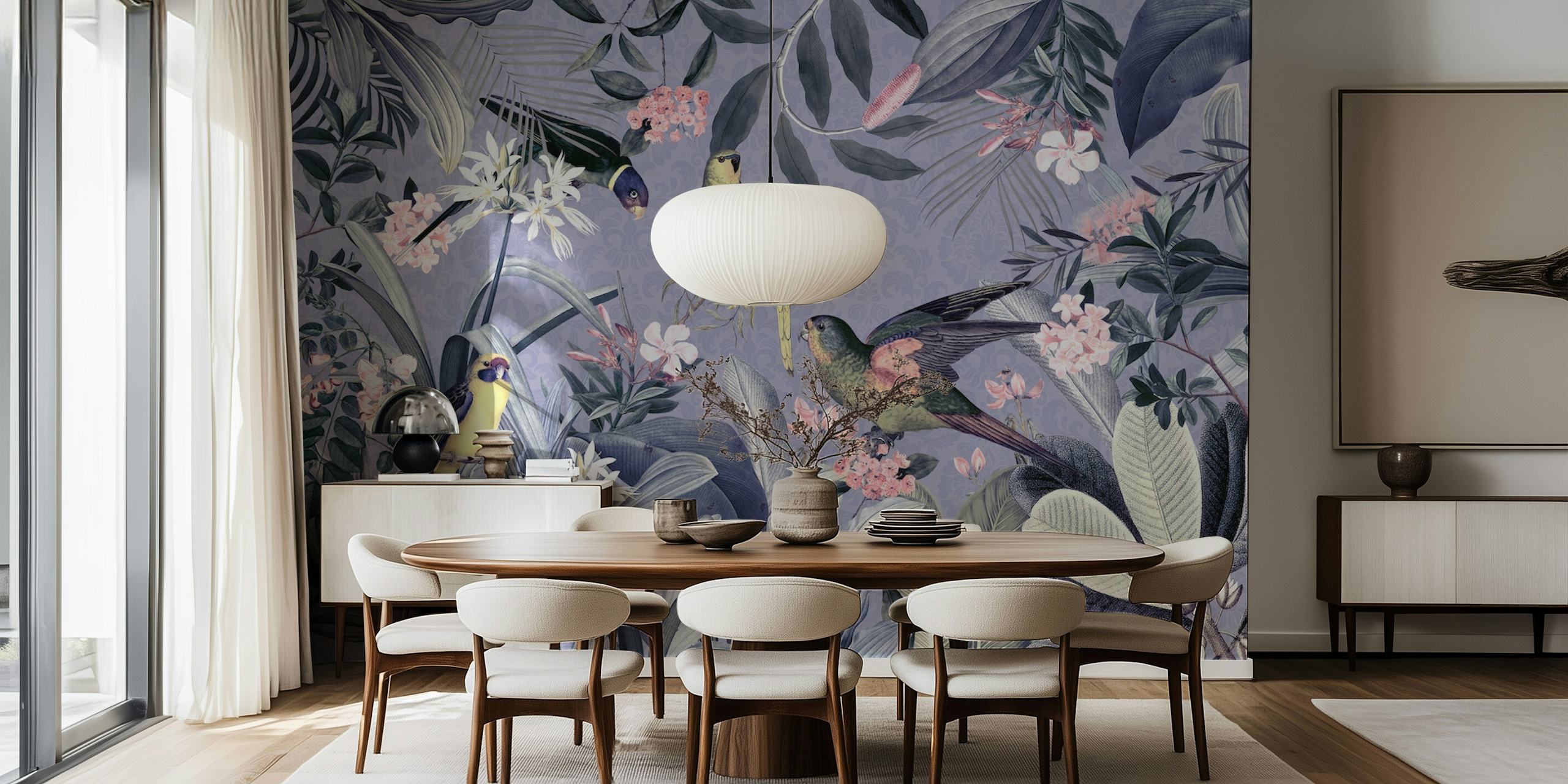 Vintage-inspired wall mural with purple hues featuring tropical birds in a moonlit rainforest jungle.