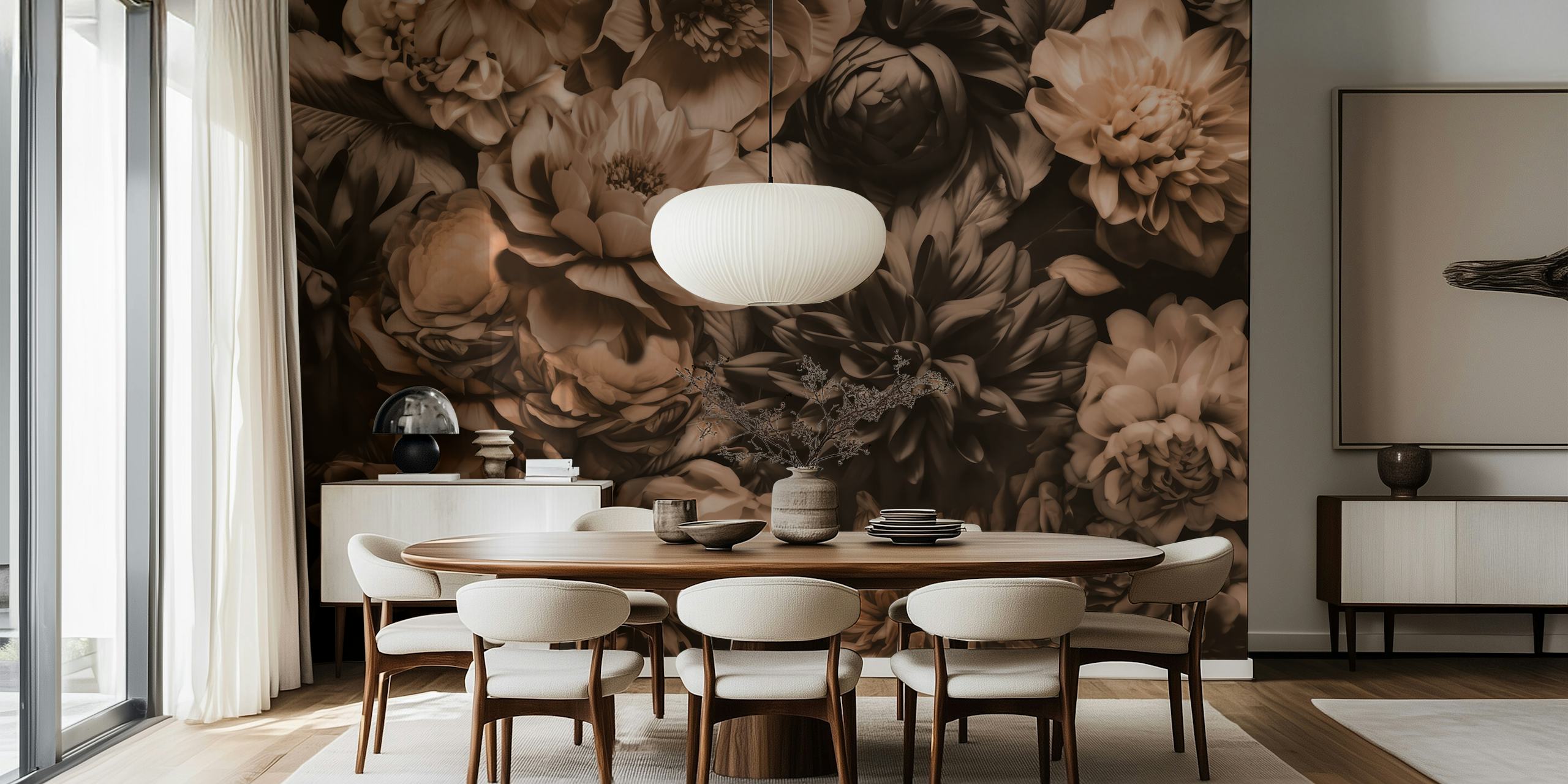 Sepia-toned wall mural depicting opulent baroque floral pattern for interior design