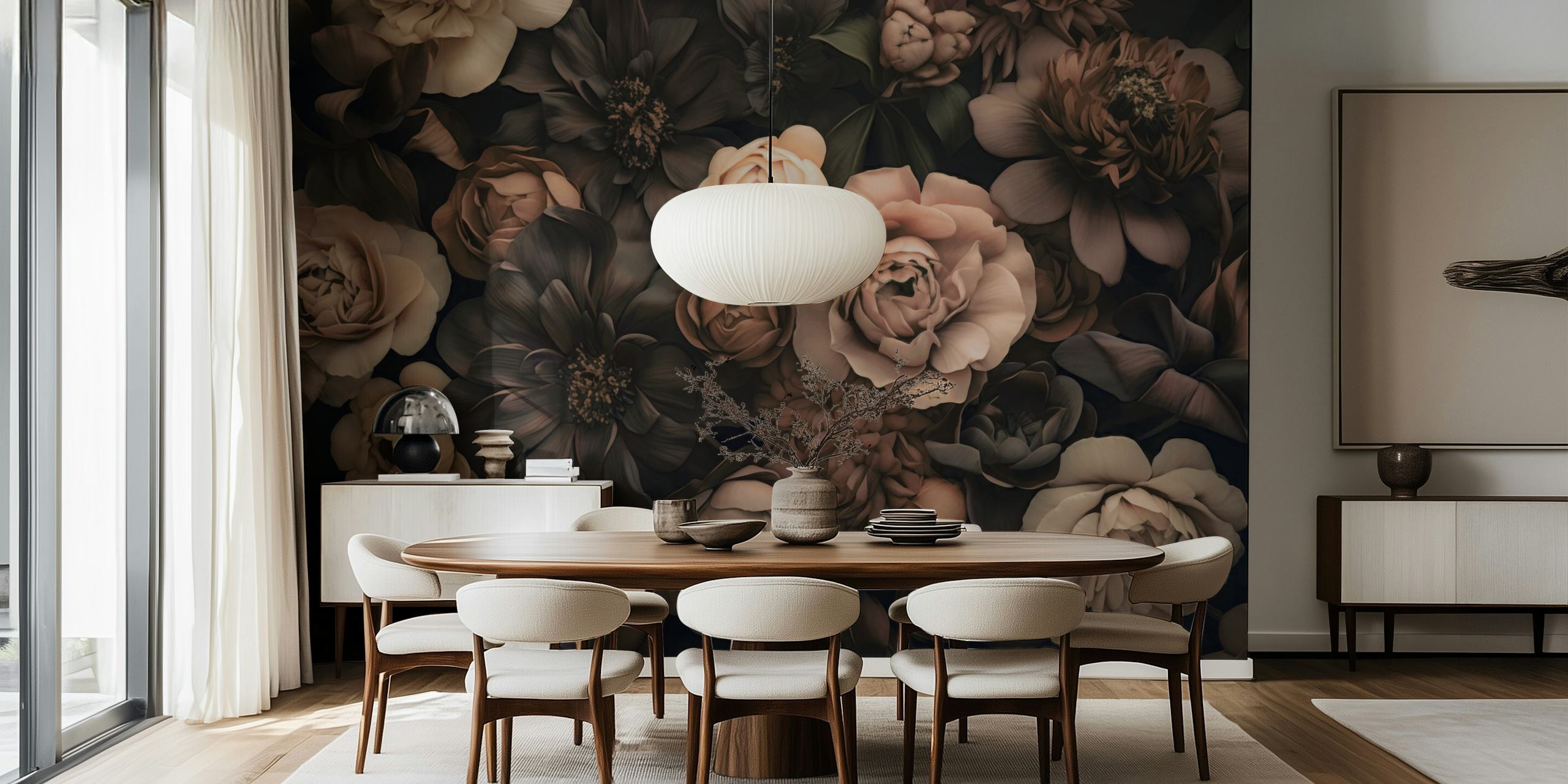 Flores opulentas em estilo barroco em tons de blush e marrom com um toque botânico temperamental