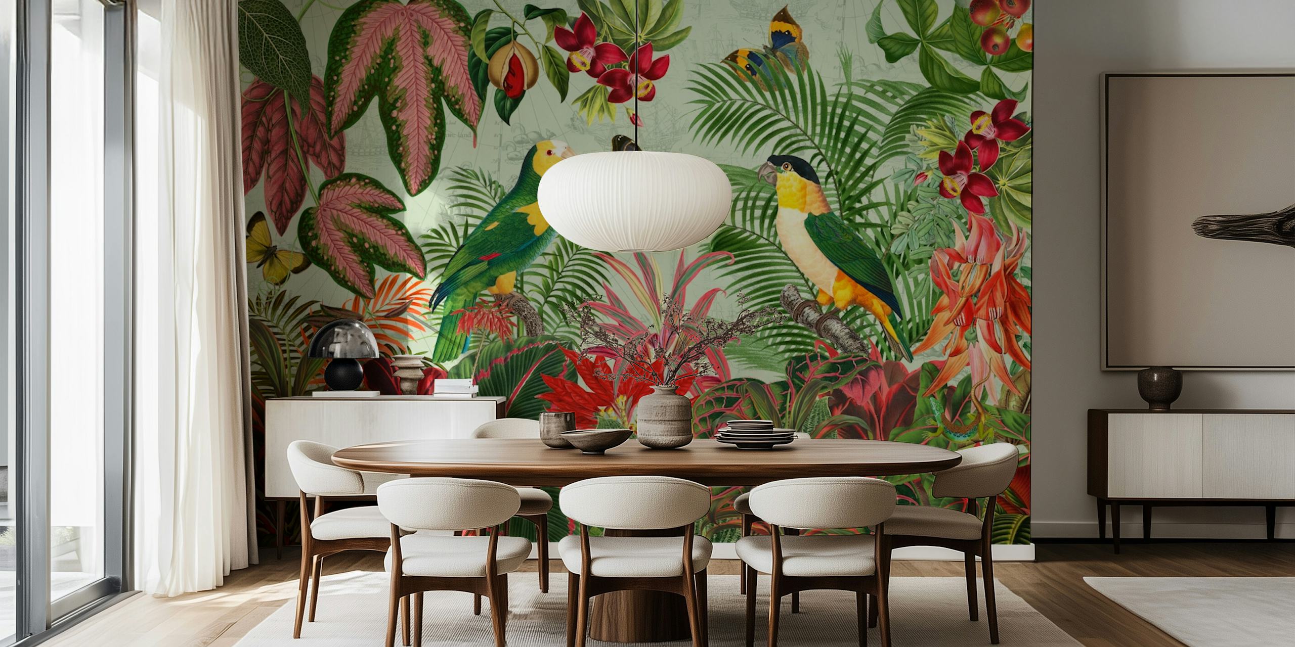 Colorful parrots and lush tropical leaves wallpaper