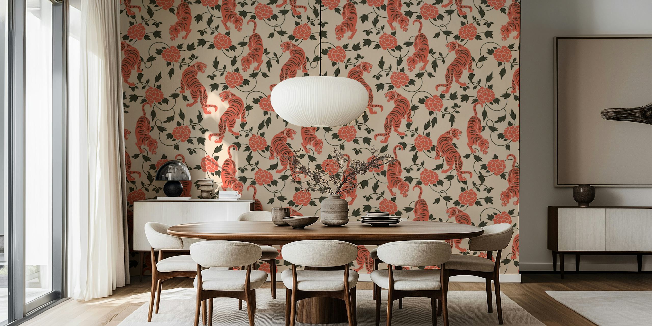 Vintage muurschildering in Chinese stijl met tijgers en bloemen op een romige achtergrond