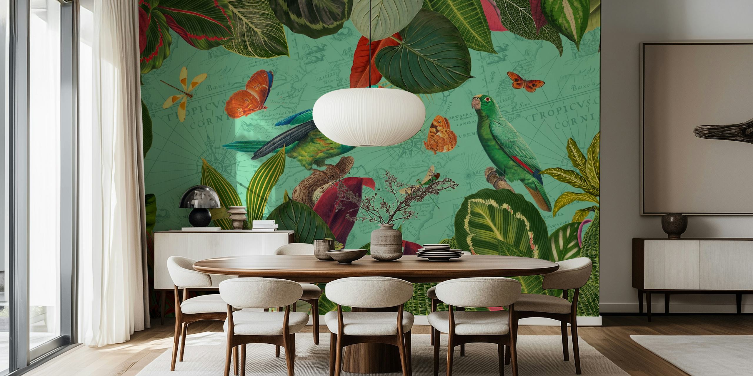 Tropical parrots, colorful insects, and green leaves wallpaper