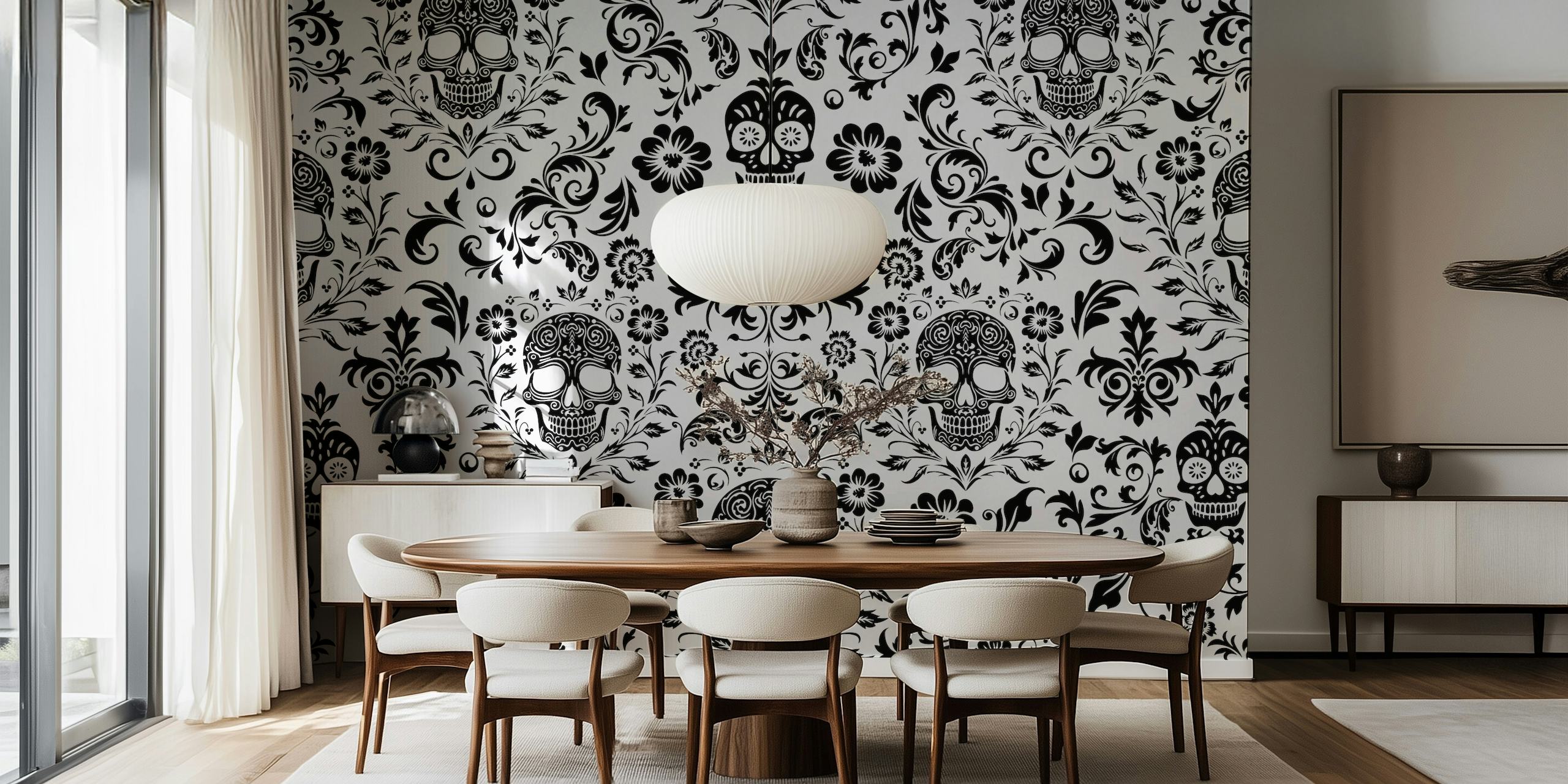 Mystical Macabre Damask wall mural in black and white with skull motifs and floral patterns