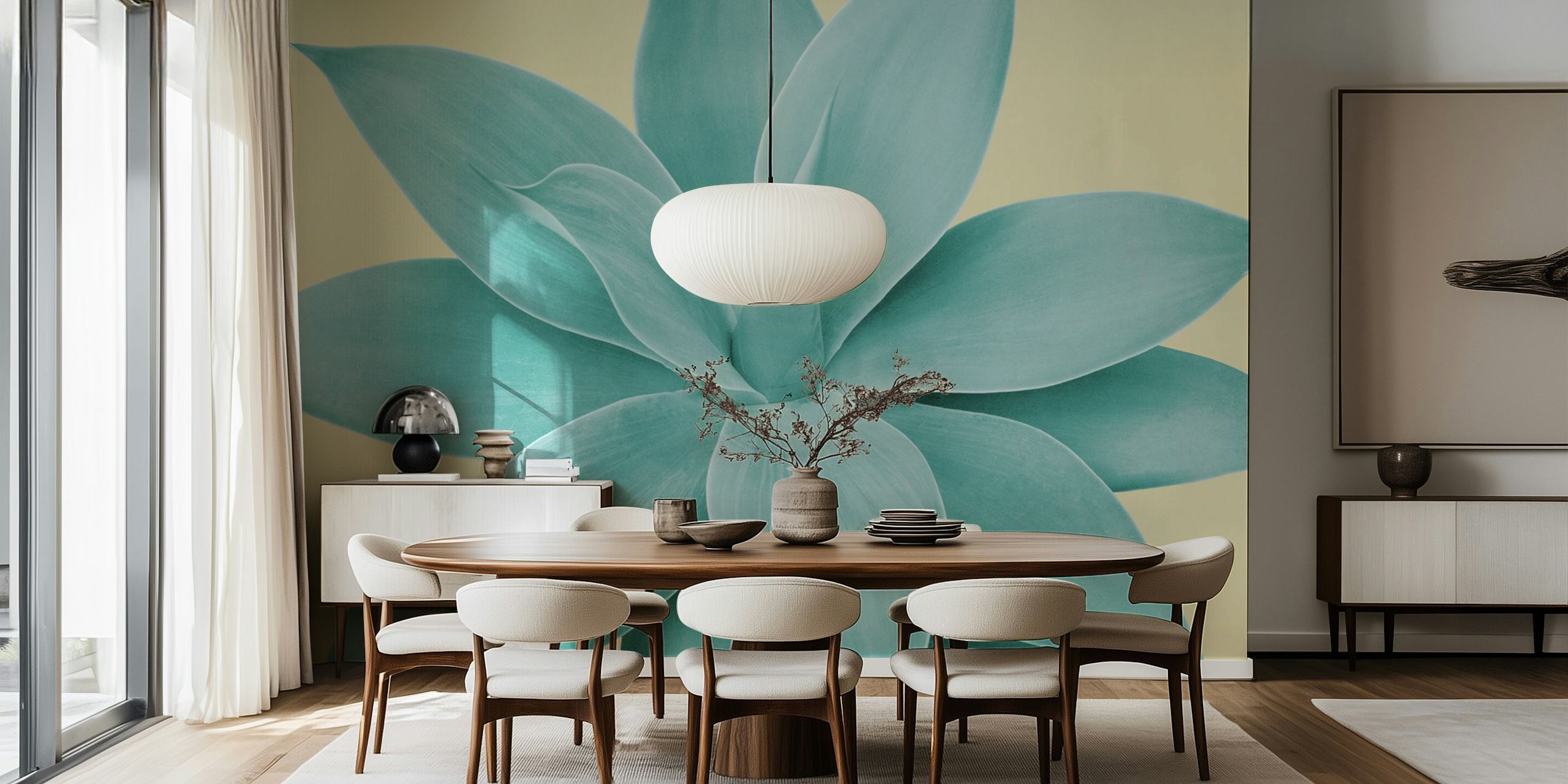 Teal agave leaves on a soft yellow background wallpaper
