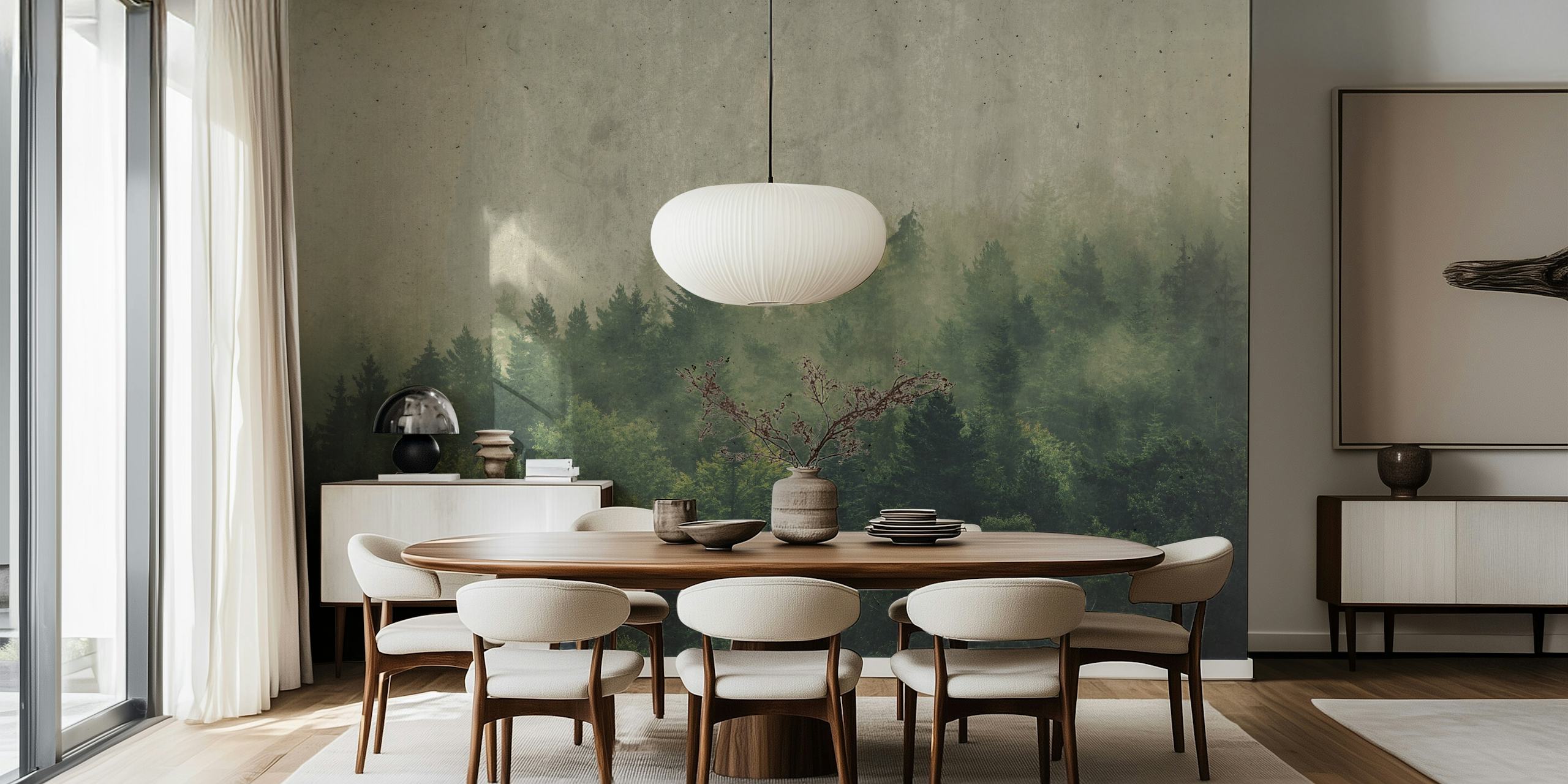 Misty forest wall mural with gradient of green and gray