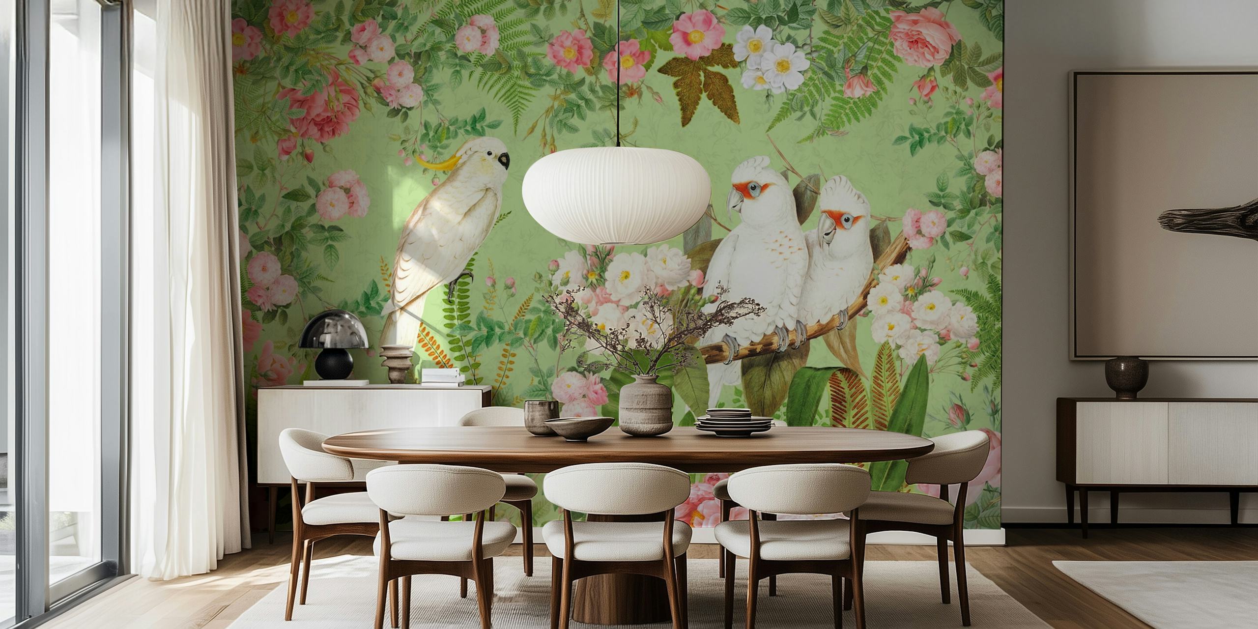 Tropical botanical wallpaper featuring cockatoos and pink roses on green background