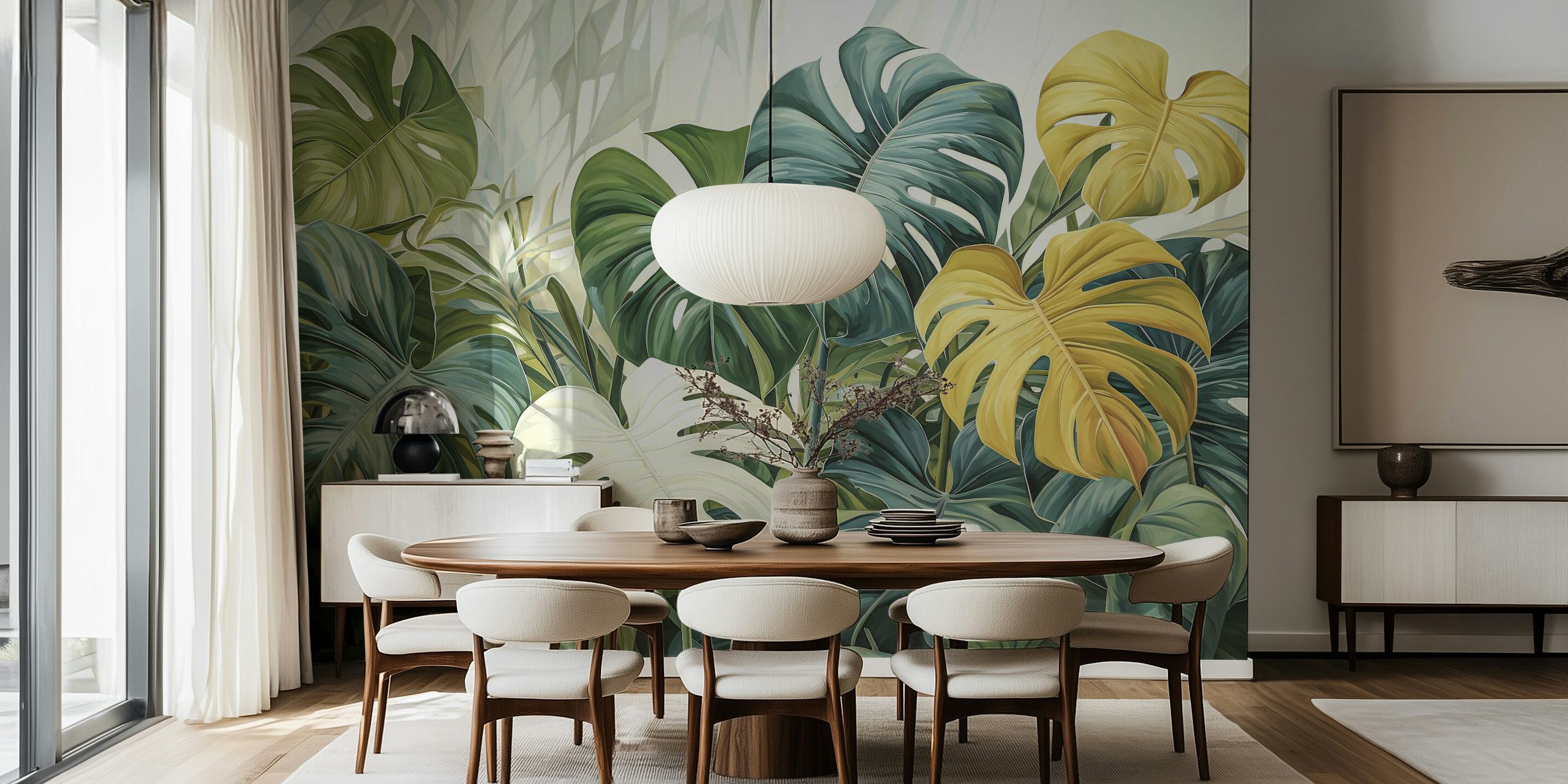 Monstera leaftapet i ett modernt rum