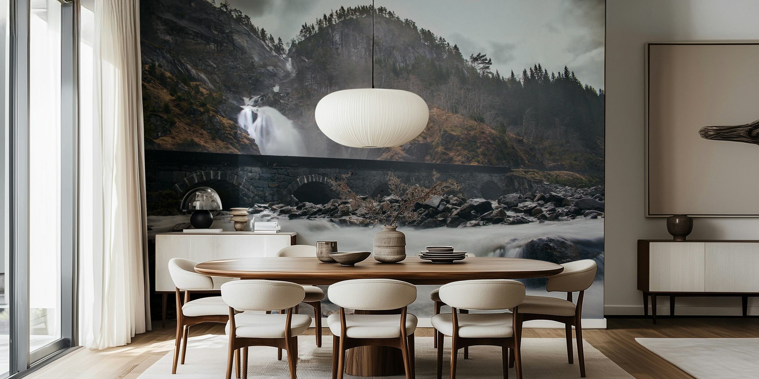Misty waterfall and craggy peaks wall mural
