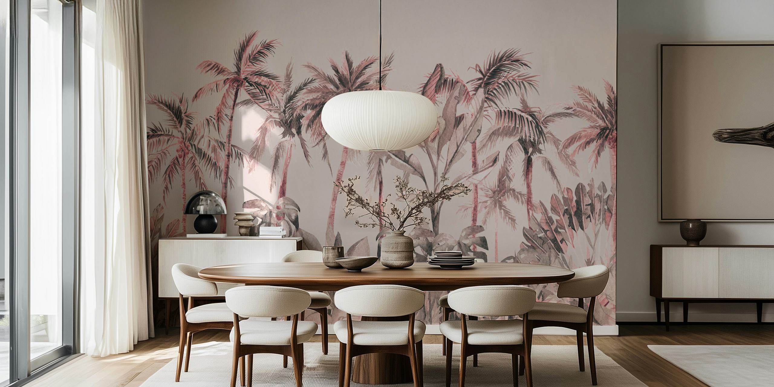 Papier peint mural d'une île tropicale rose pastel avec un feuillage luxuriant