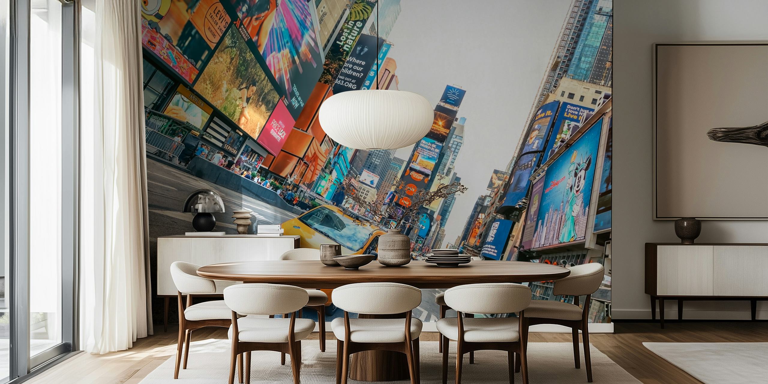Vibrant urban scene of Times Square with colorful billboards and a yellow taxi wall mural