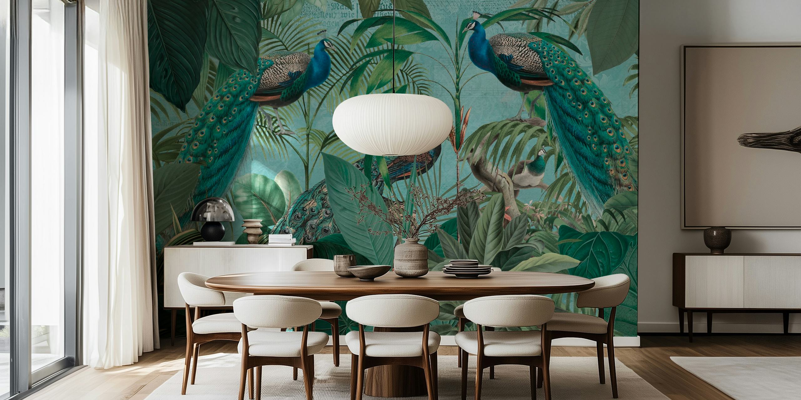 Peacocks surrounded by lush green foliage wallpaper