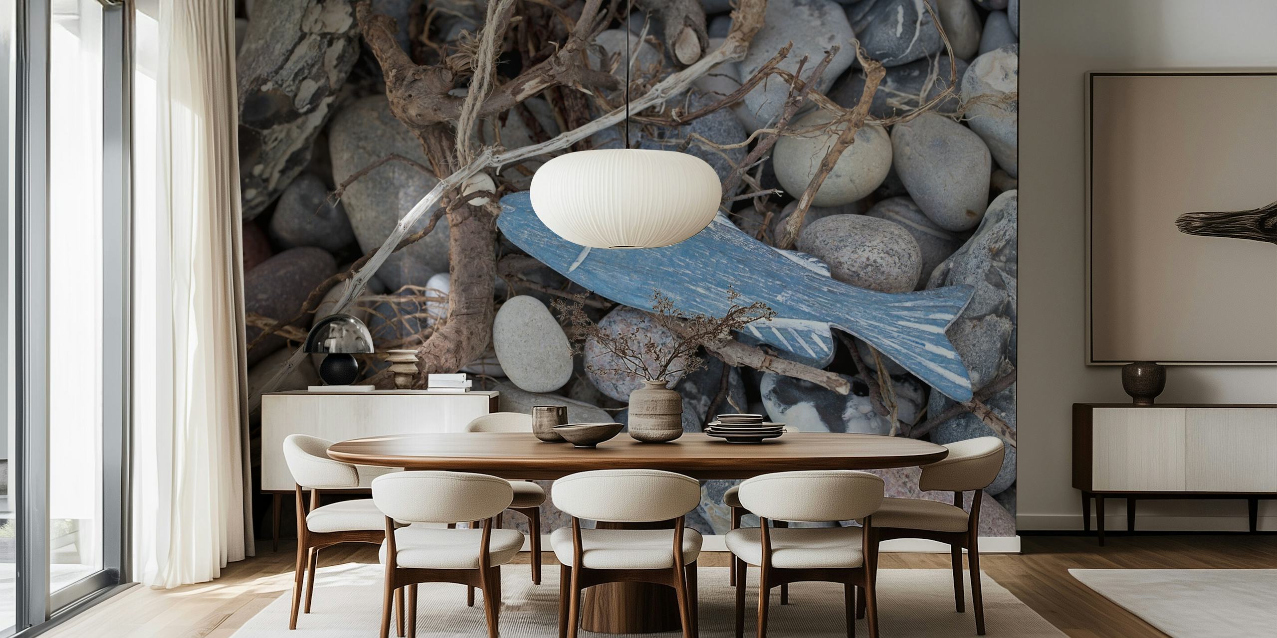Blue fish and gray pebble pattern wallpaper