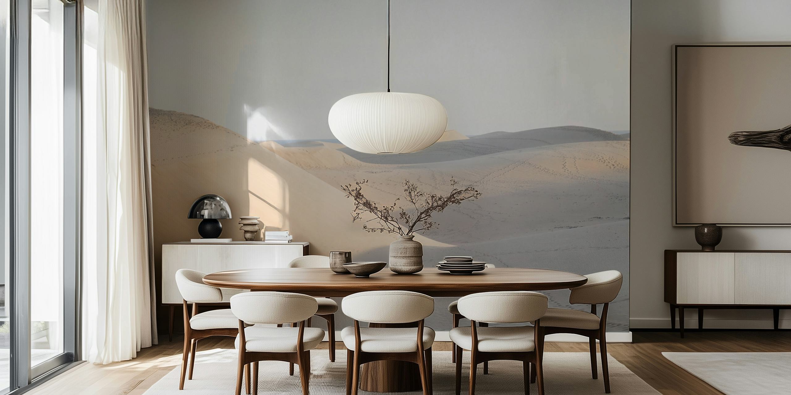 Tranquil desert scene wall mural with soft dunes and subtle shading