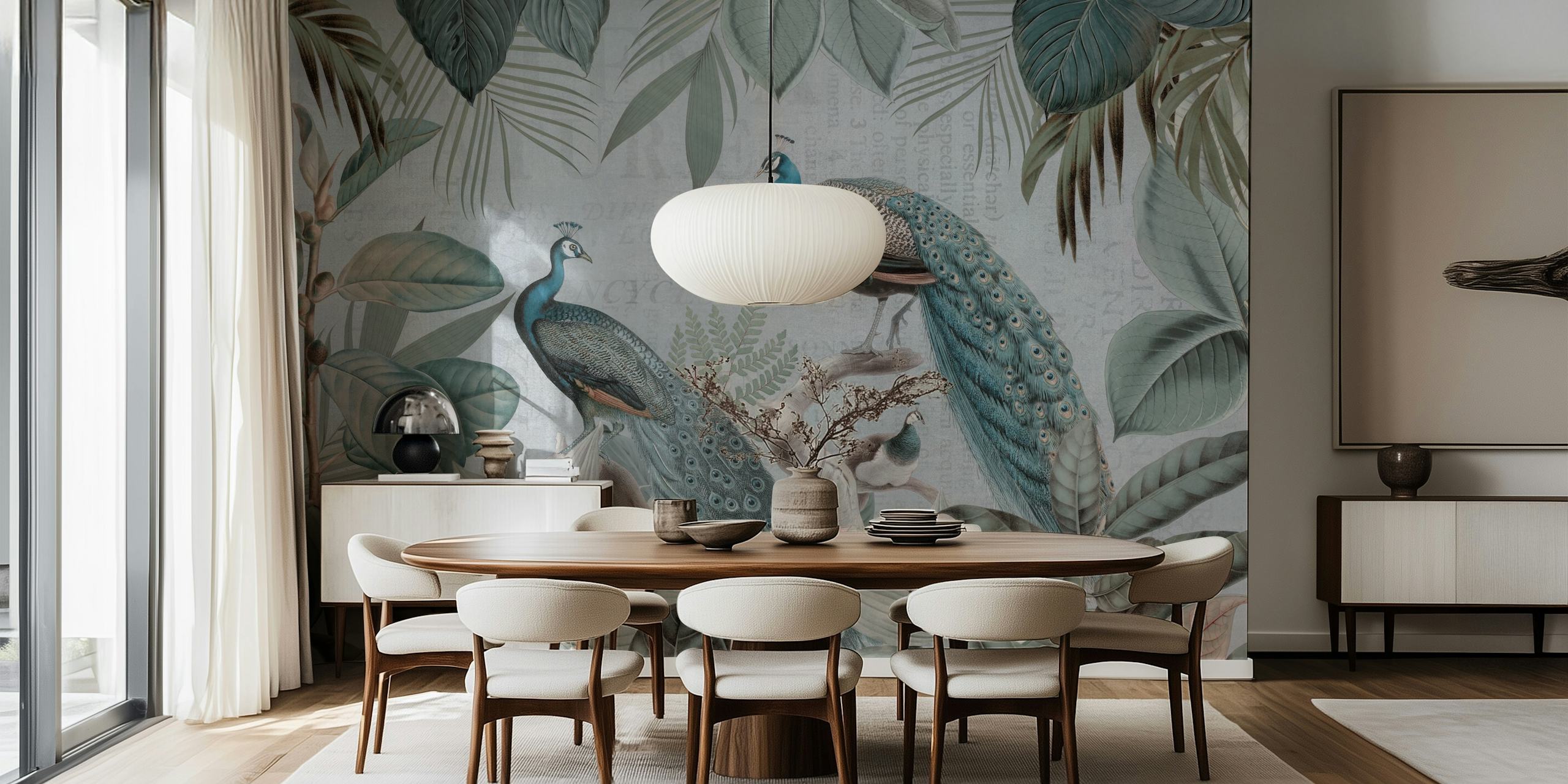 Majestic peafowls wallpaper in a room