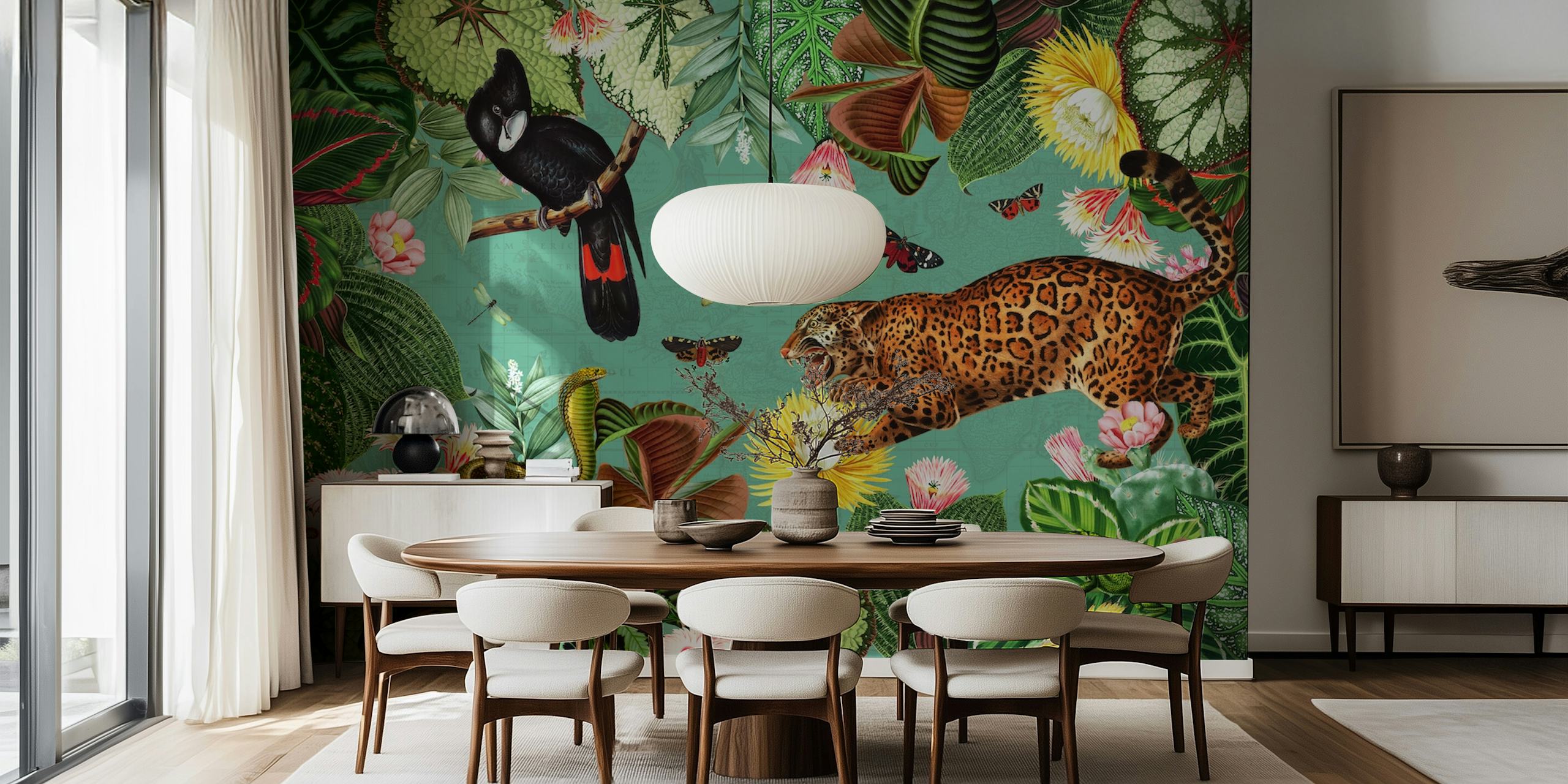 Tropical jungle landscape wallpaper with leopard, birds, and flowers in vibrant green tones