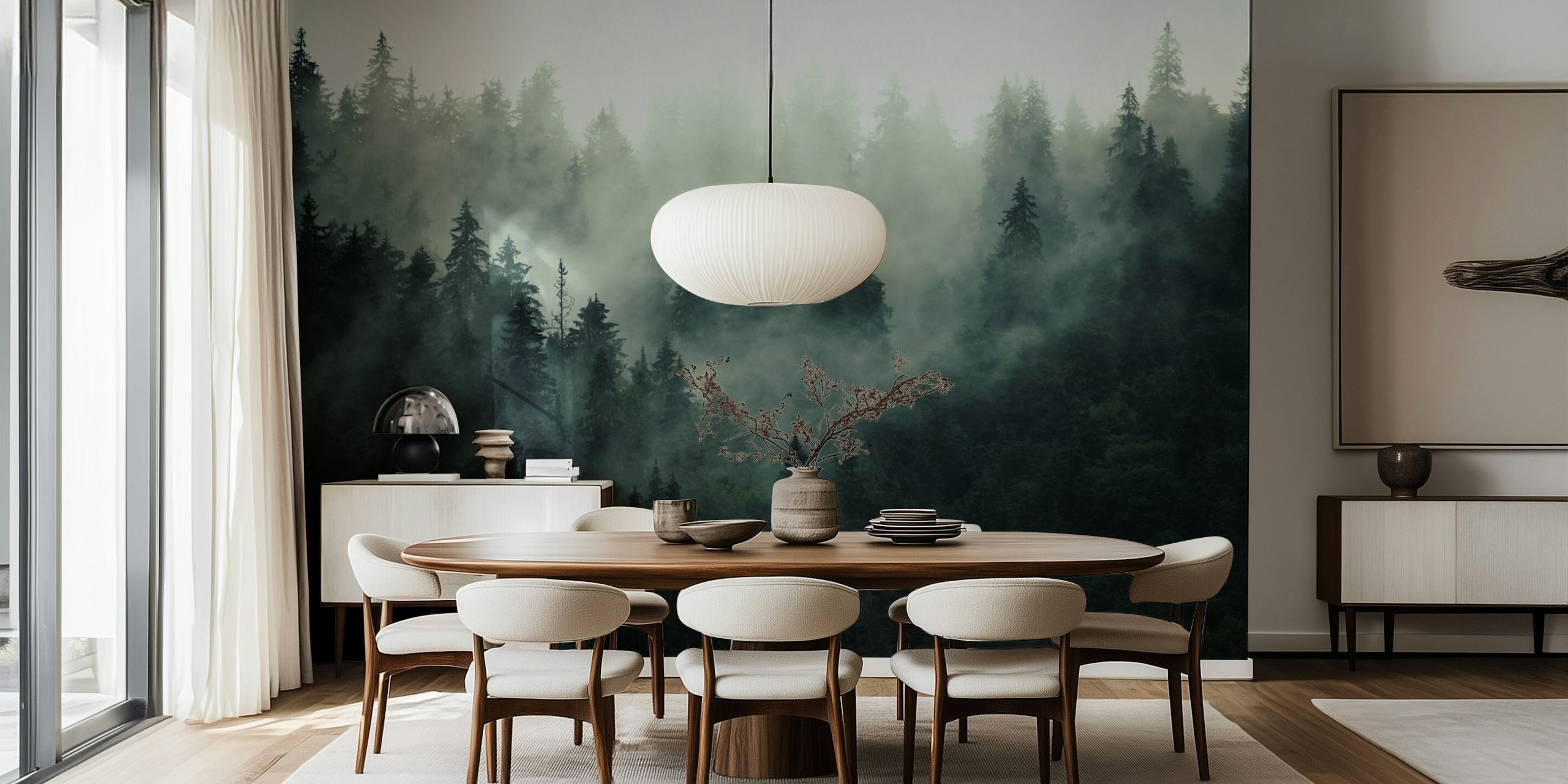 Misty forest scene with tall evergreen trees and fog wallpaper