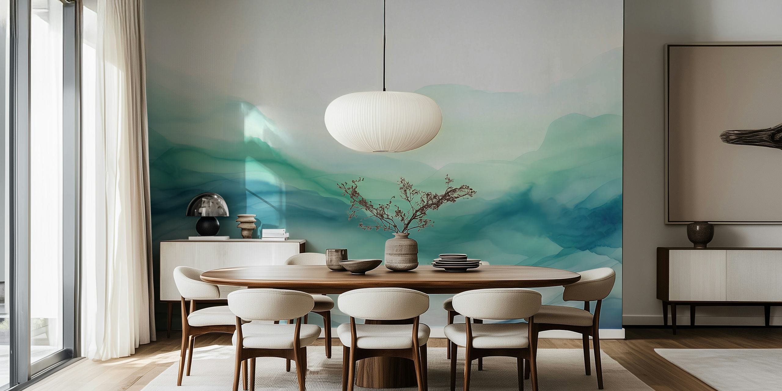 Soft blue and green layered watercolor hills wallpaper