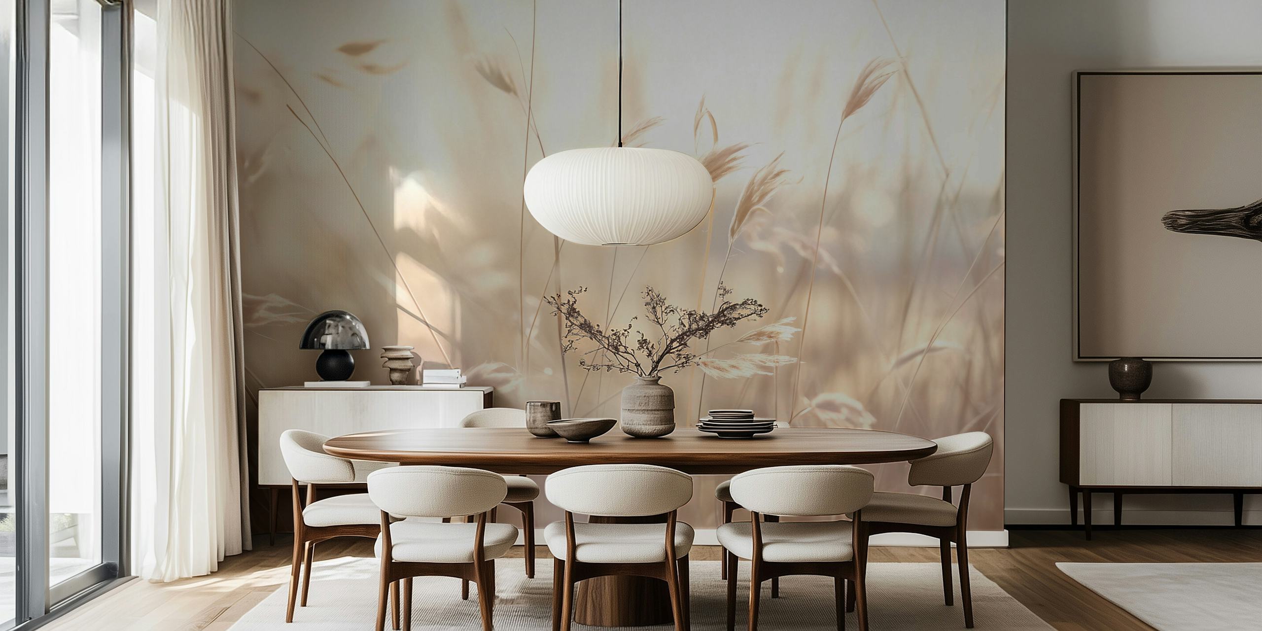 Soft beige grass wallpaper with delicate light strands