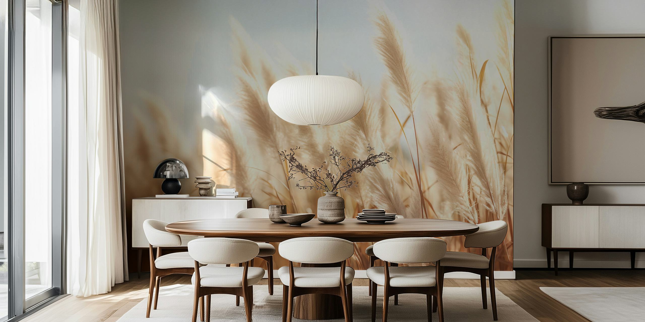Plume of Tranquility wall mural showing soft grass plumes bathed in warm sunlight.