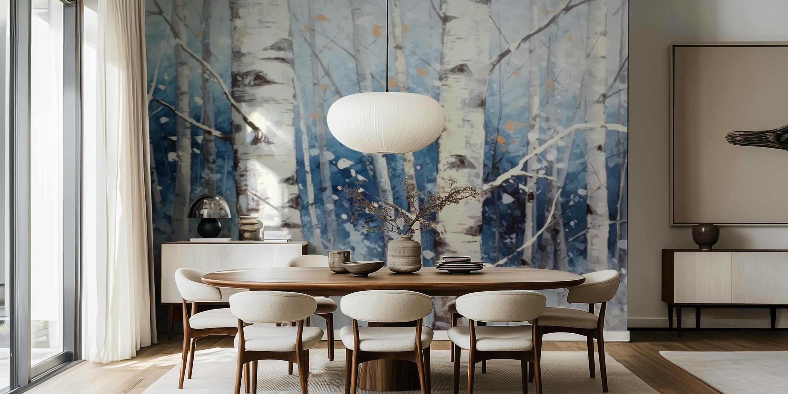 Snowy birch trees wallpaper in a room