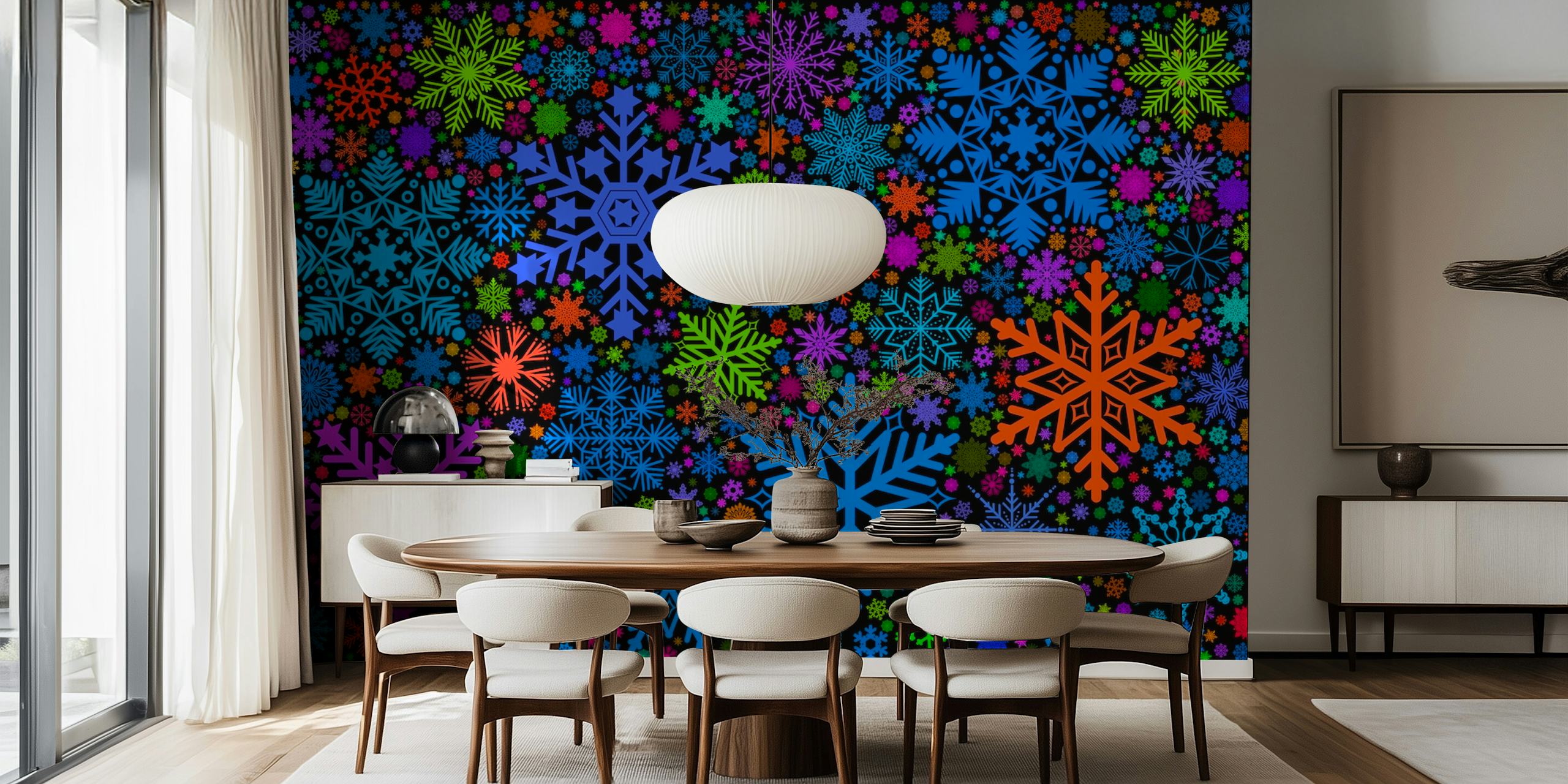 Wandbild mit farbenfrohem Schneeflockenmuster auf happywall.com