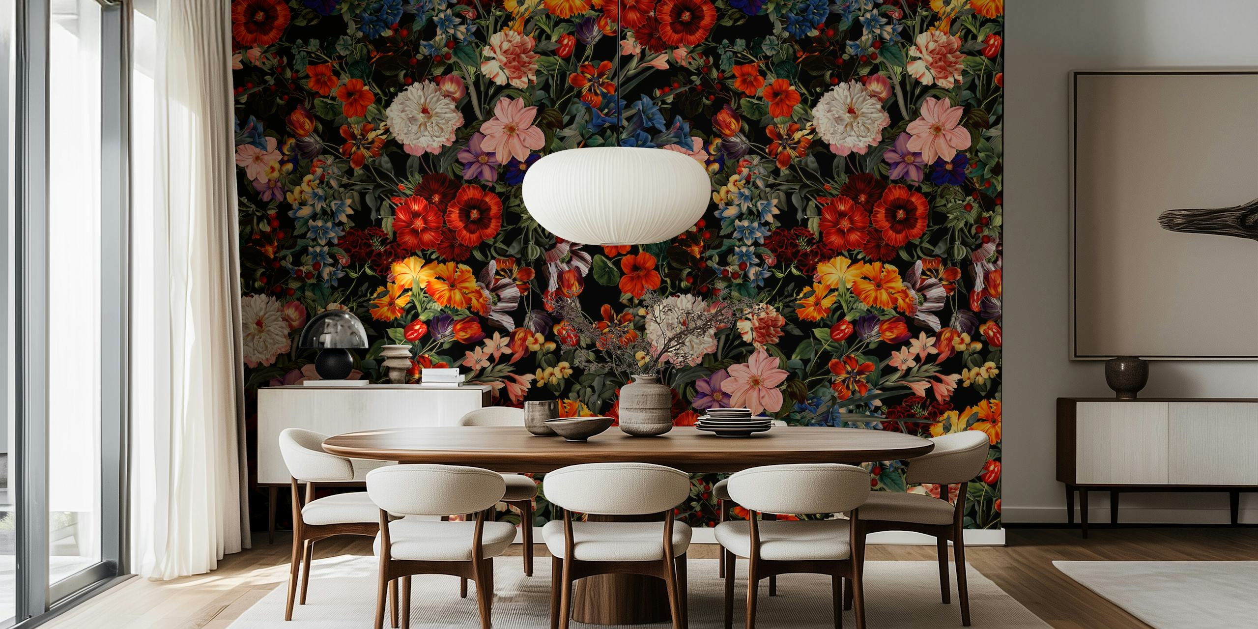 Colorful floral design with red, orange, purple, and blue flowers on a dark background wallpaper