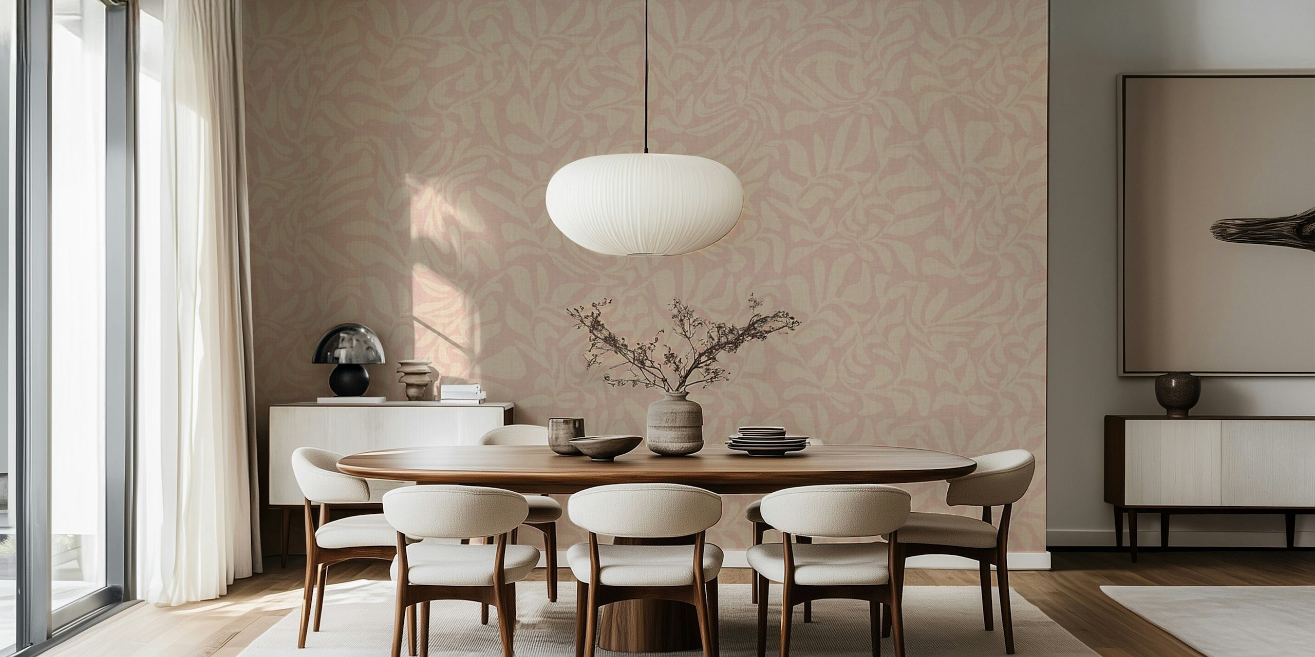 Leaves swirls wallpaper in blush pink
