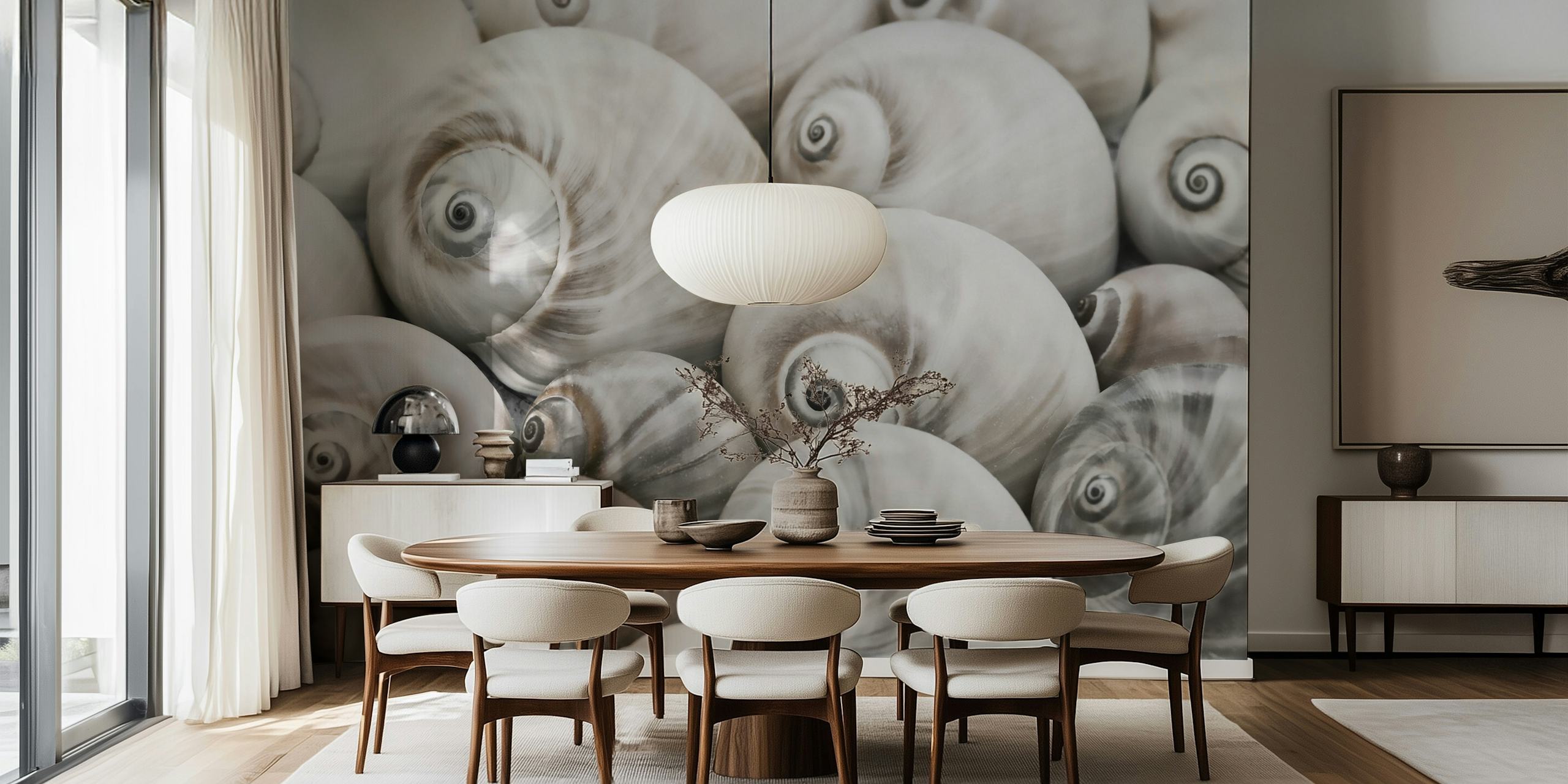 Close-up of spiral seashells in soft gray and white wallpaper