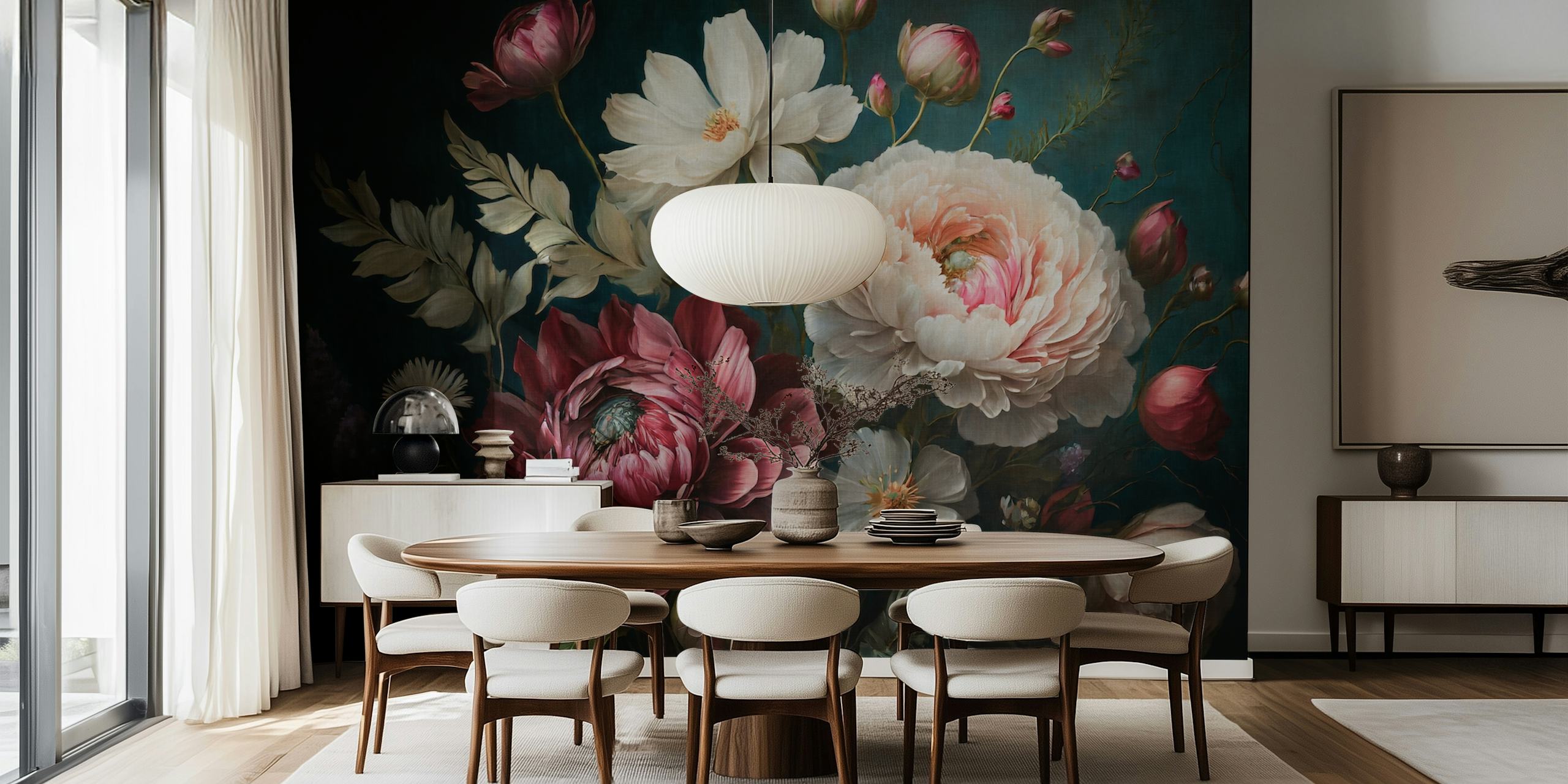 Colorful baroque flower wallpaper with dark green background