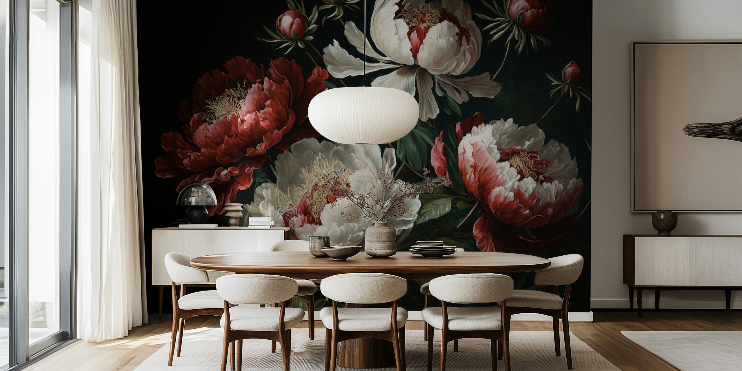 Red and white baroque peonies wallpaper design