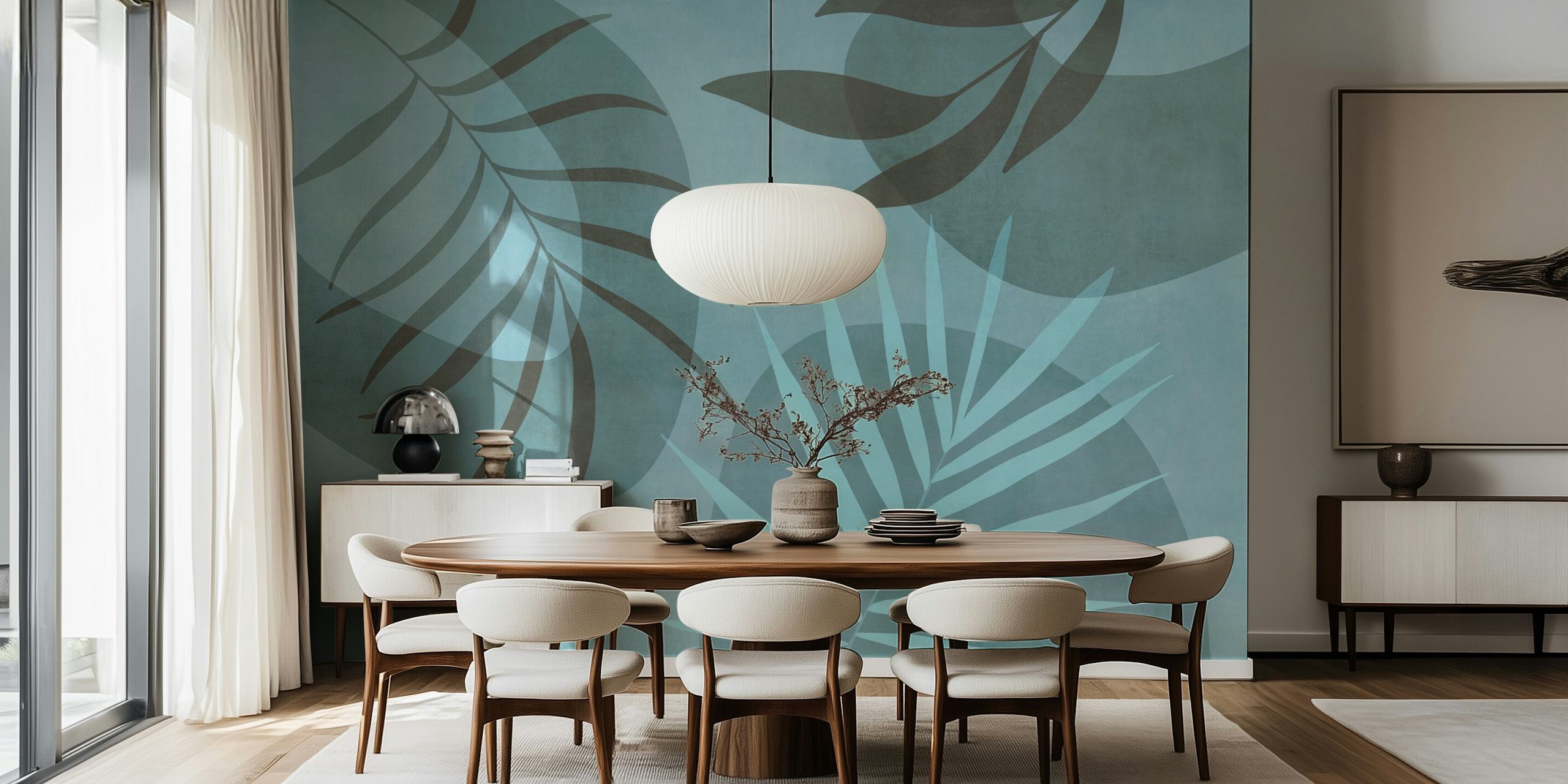Palm Leaf Serenade Teal Mint wallpaper in a room