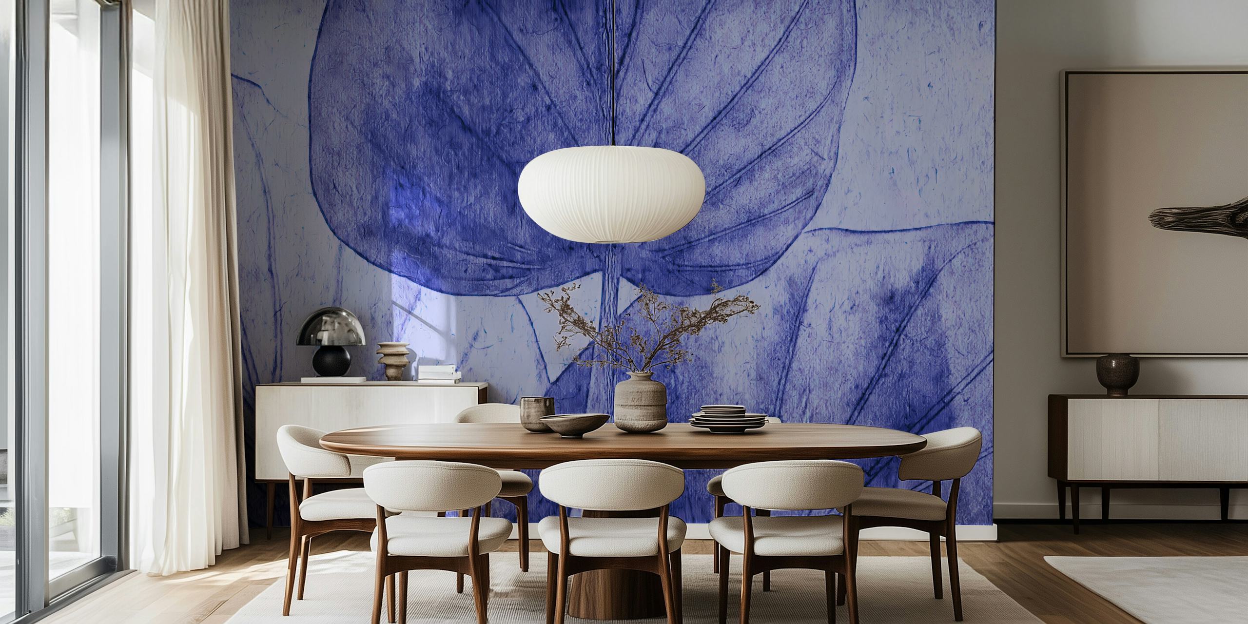 Indigo Blue Japandi Leaf wall mural with hand-drawn style leaves