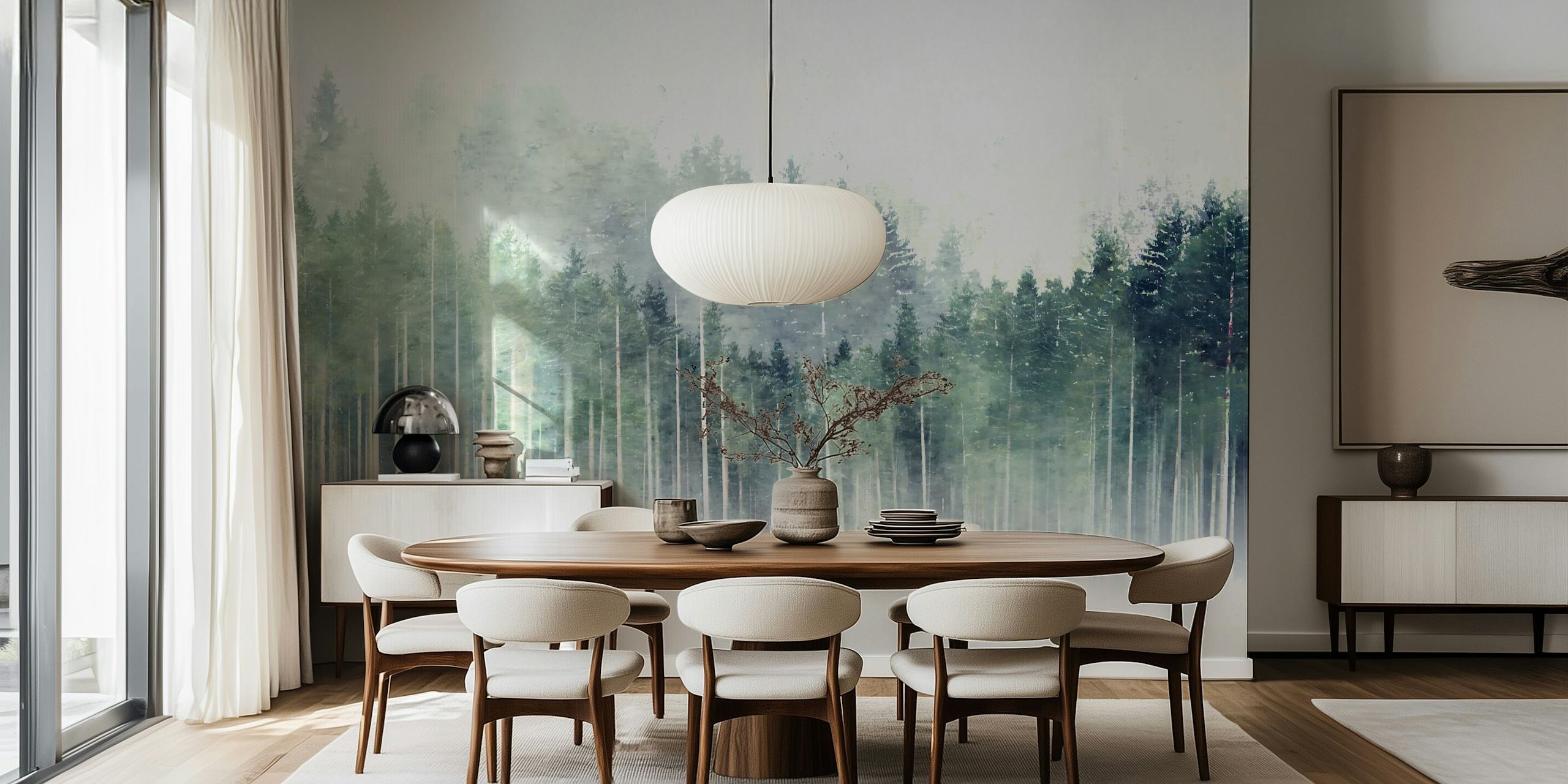 Light misty pine forest with soft green hues wallpaper