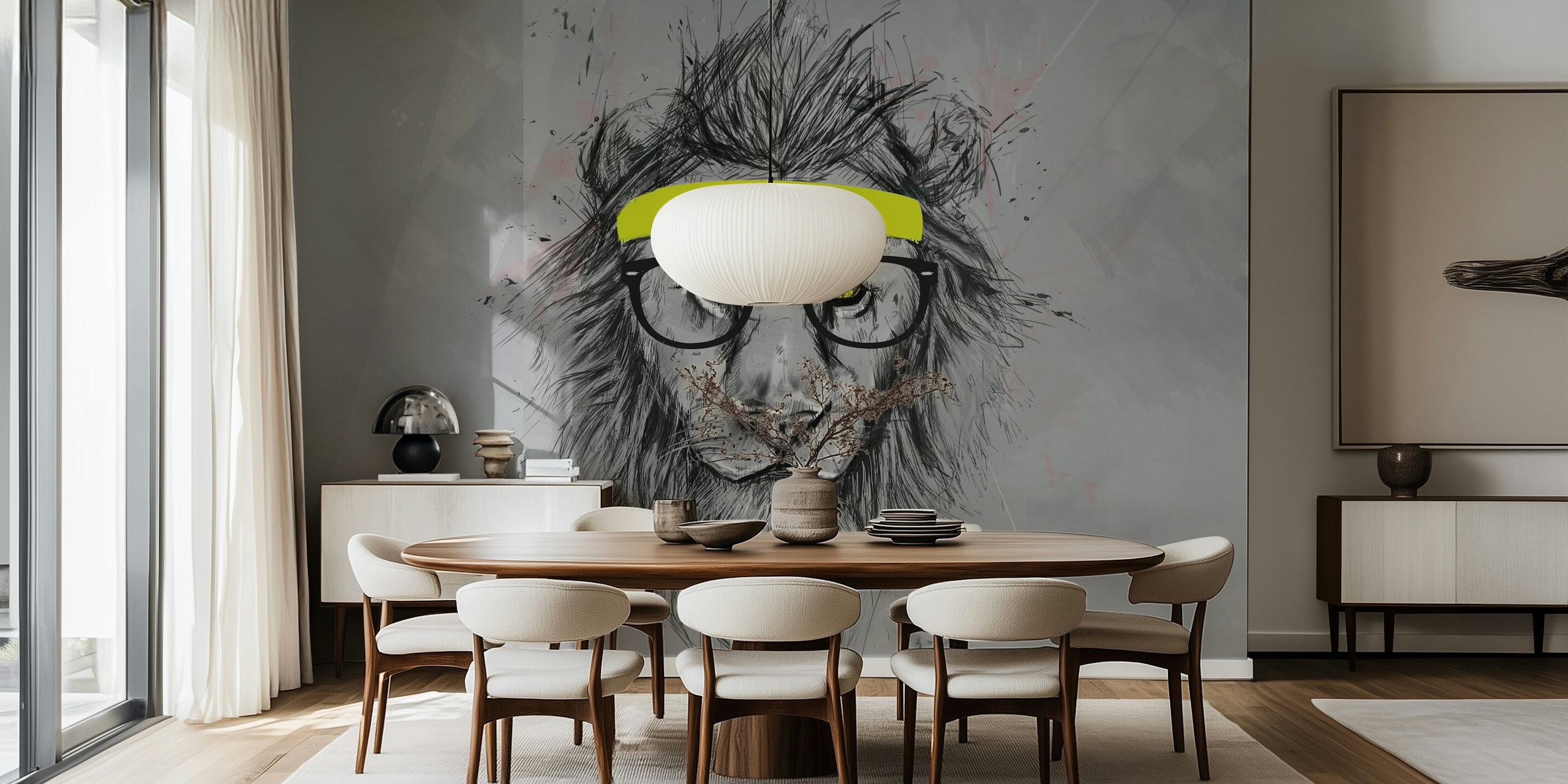 Black and white illustrated lion with a hip headband wall mural
