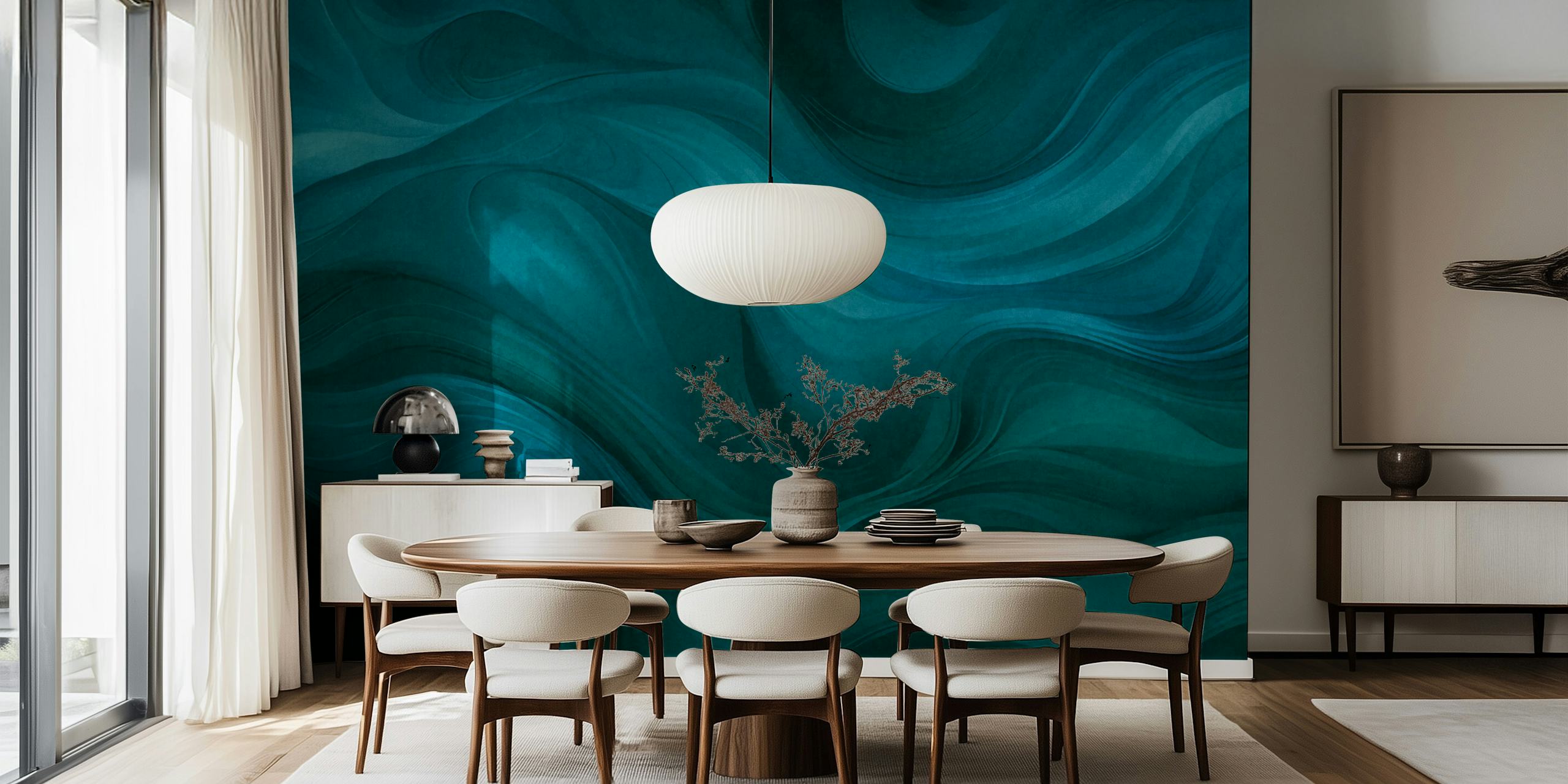 Teal abstract watercolor wallpaper with flowing waves