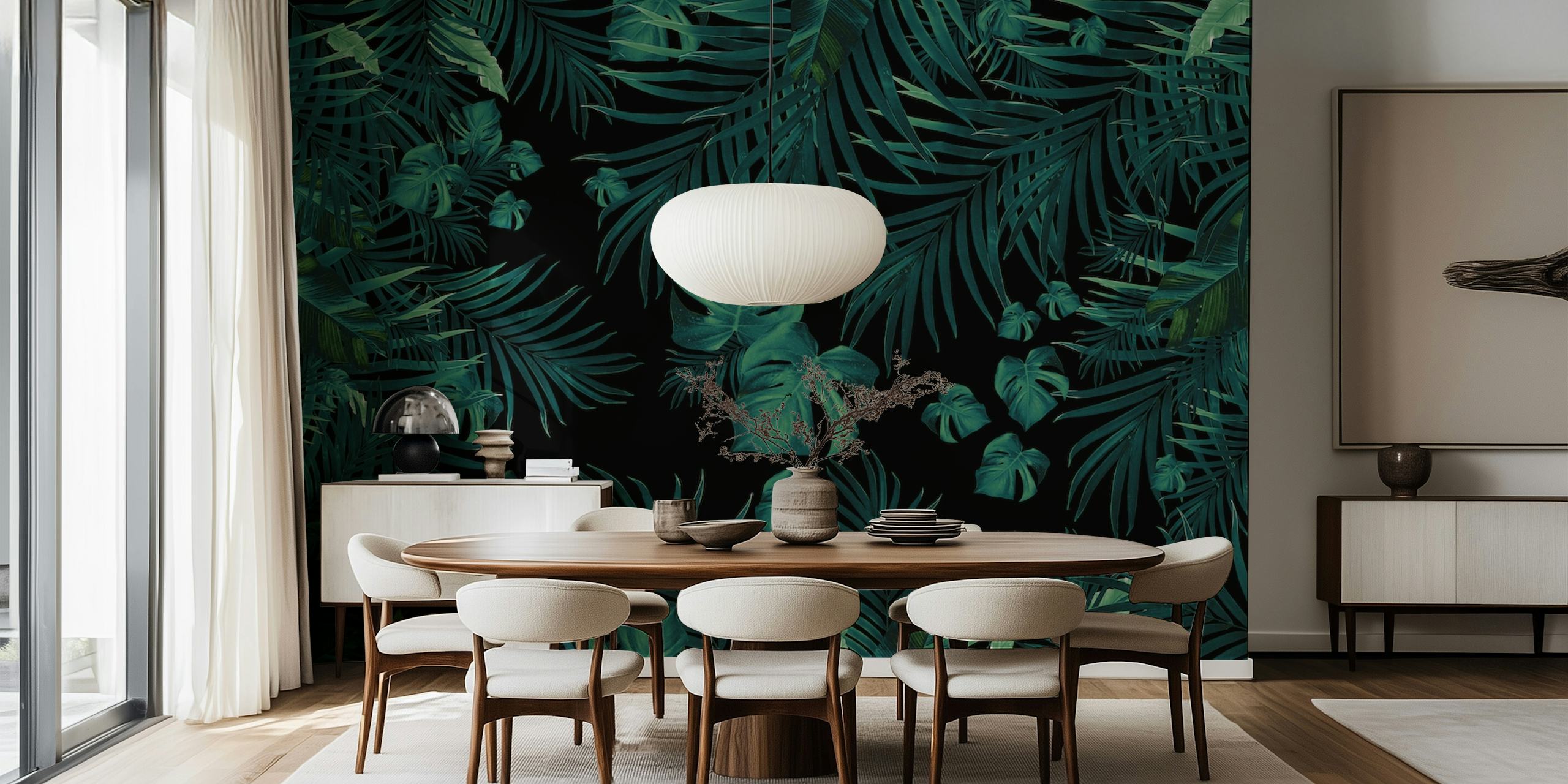Lush tropical leaves wall mural in dark green hues for a night jungle ambience.
