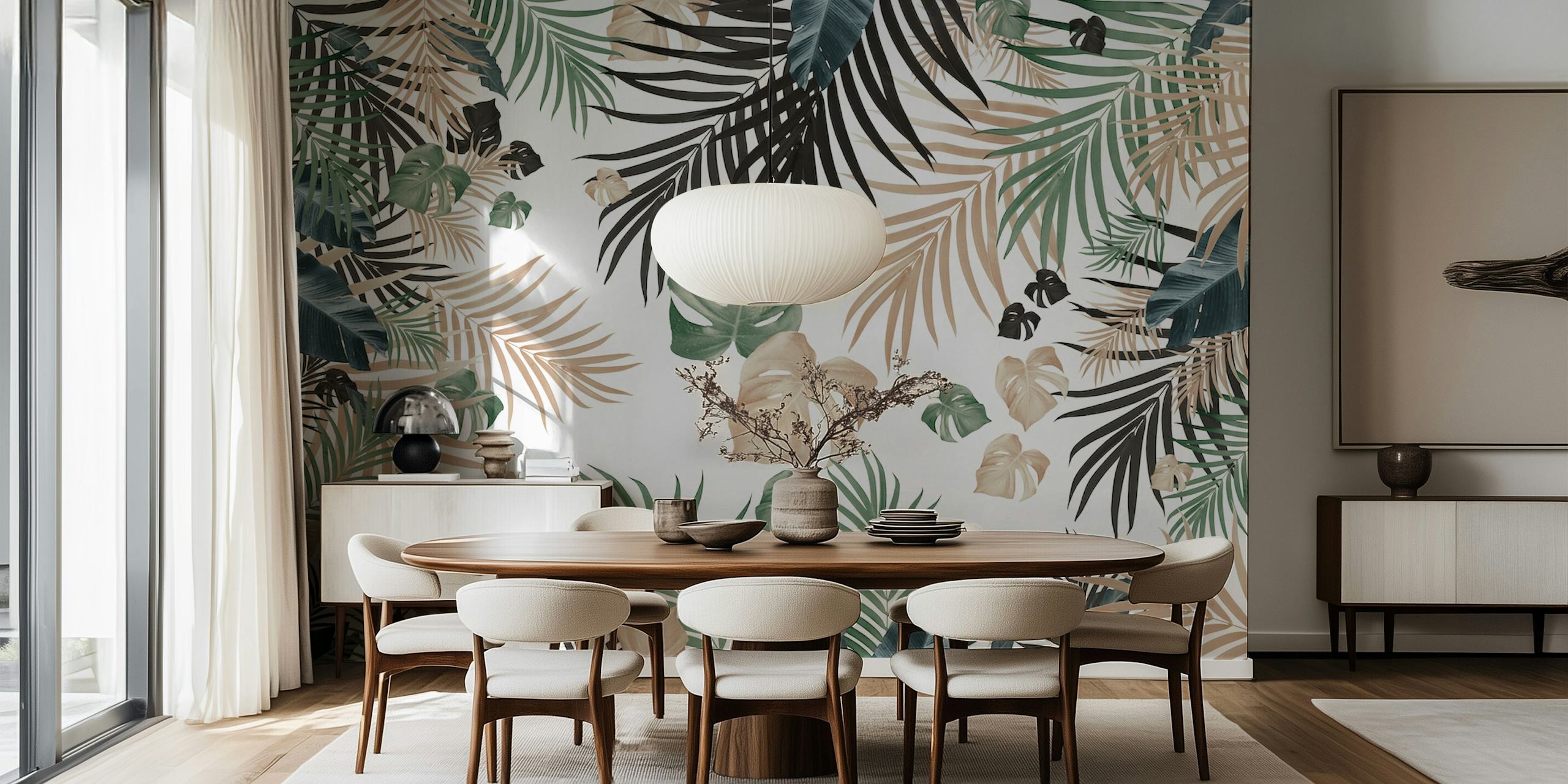 Tropical green palm leaves on a light background wallpaper