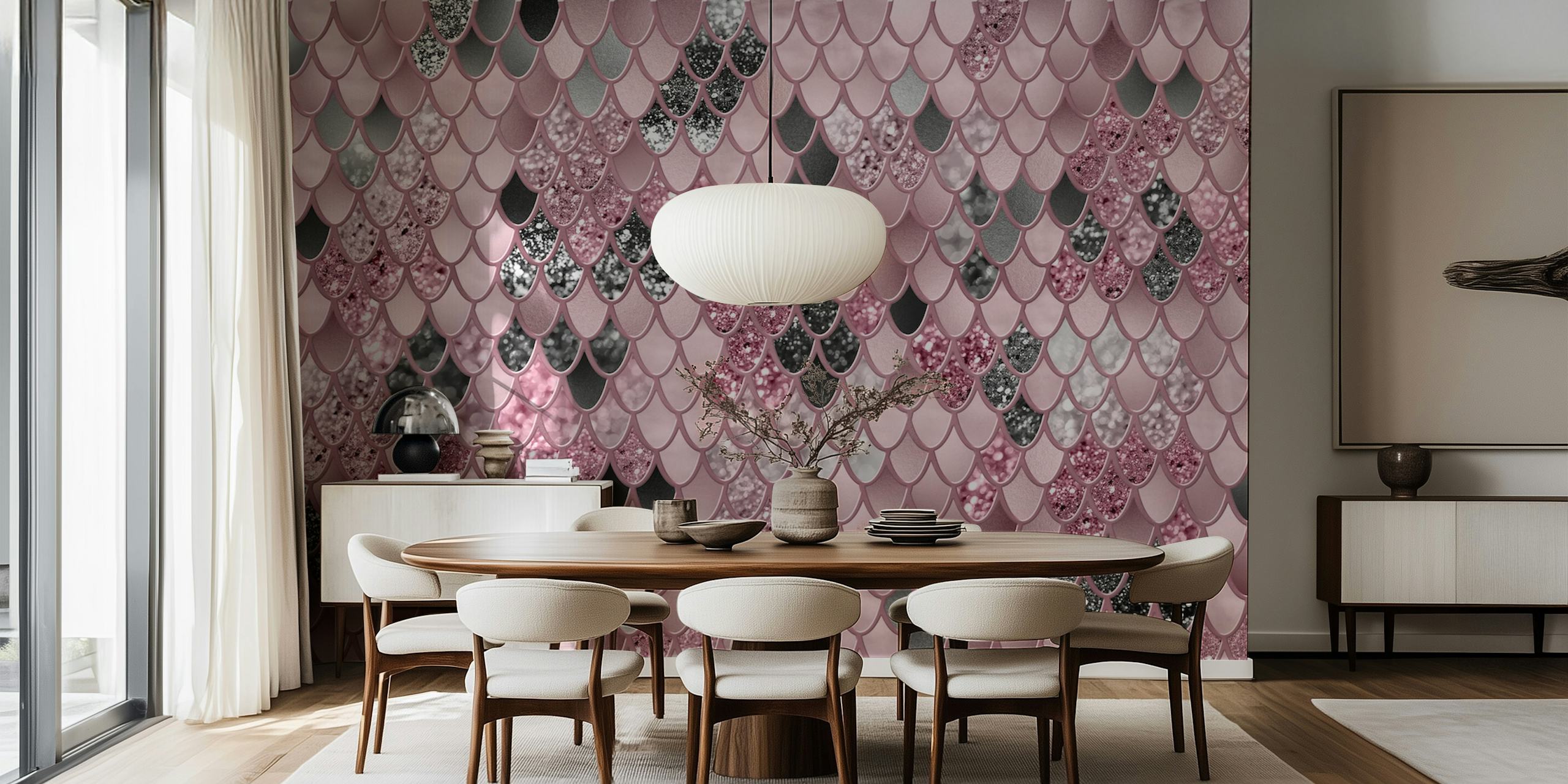 Mermaid scale pattern in blush pink, black, and silver glitter wallpaper