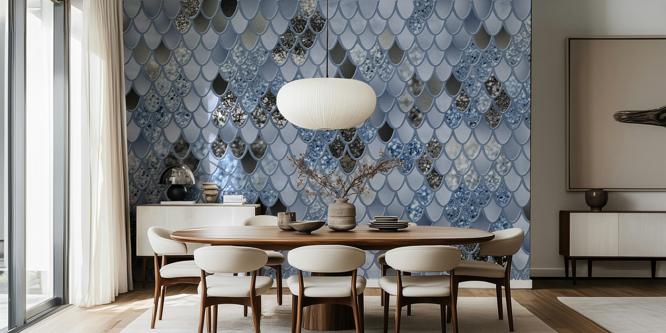 Papel de parede Soft Blue Black Mermaid Scales em um quarto