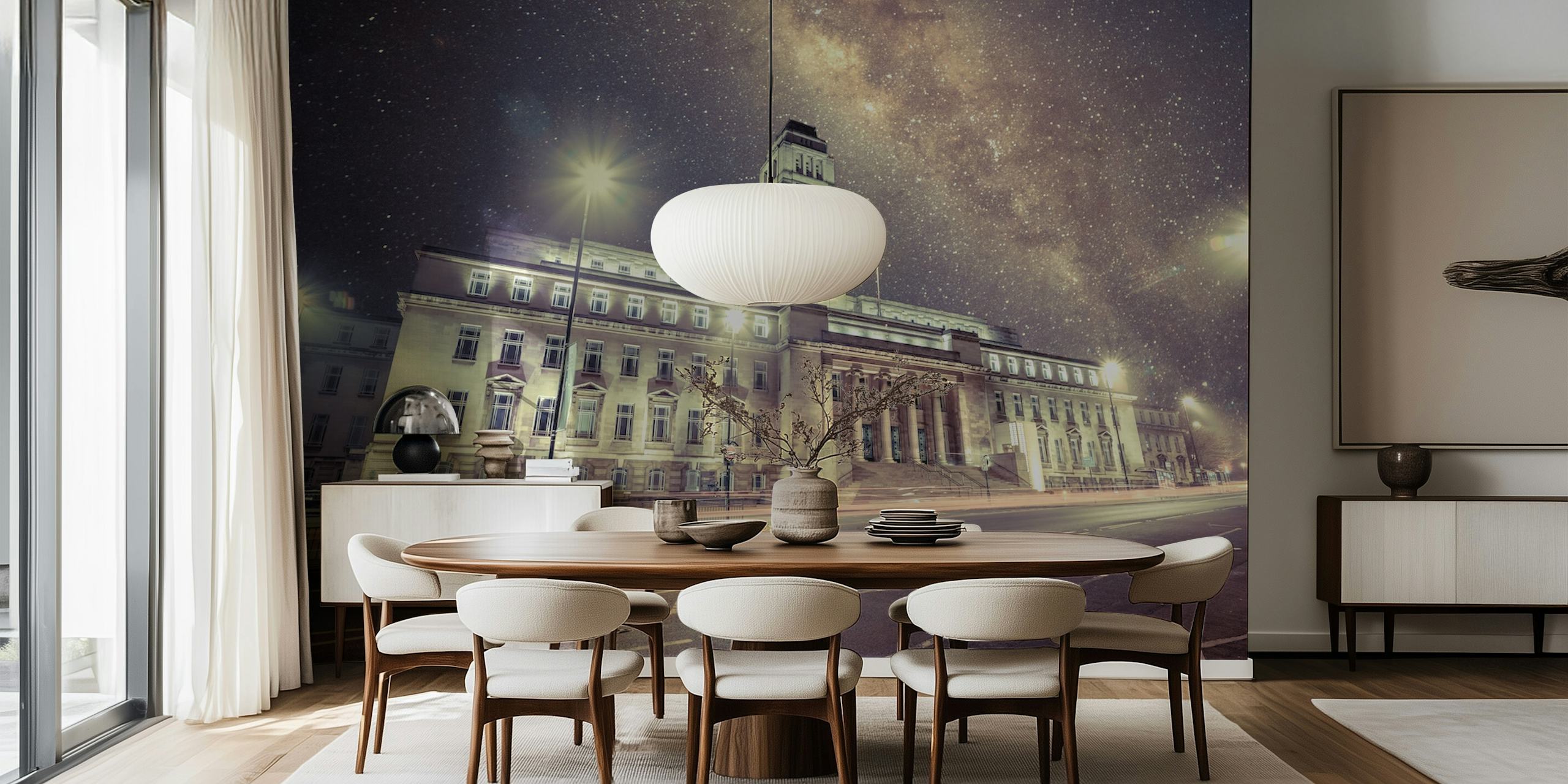 Cosmic night sky over a snow-covered cityscape wall mural