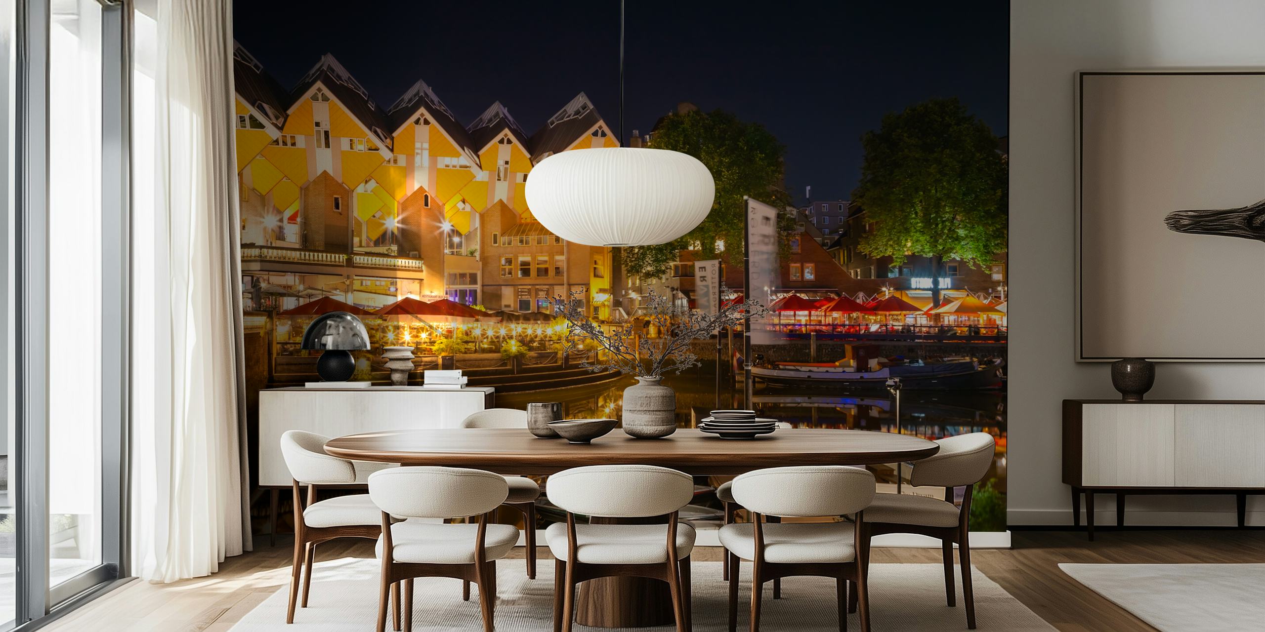 Rotterdam Oude Haven wall mural showing the Cube Houses and marina at night with illuminated market lights