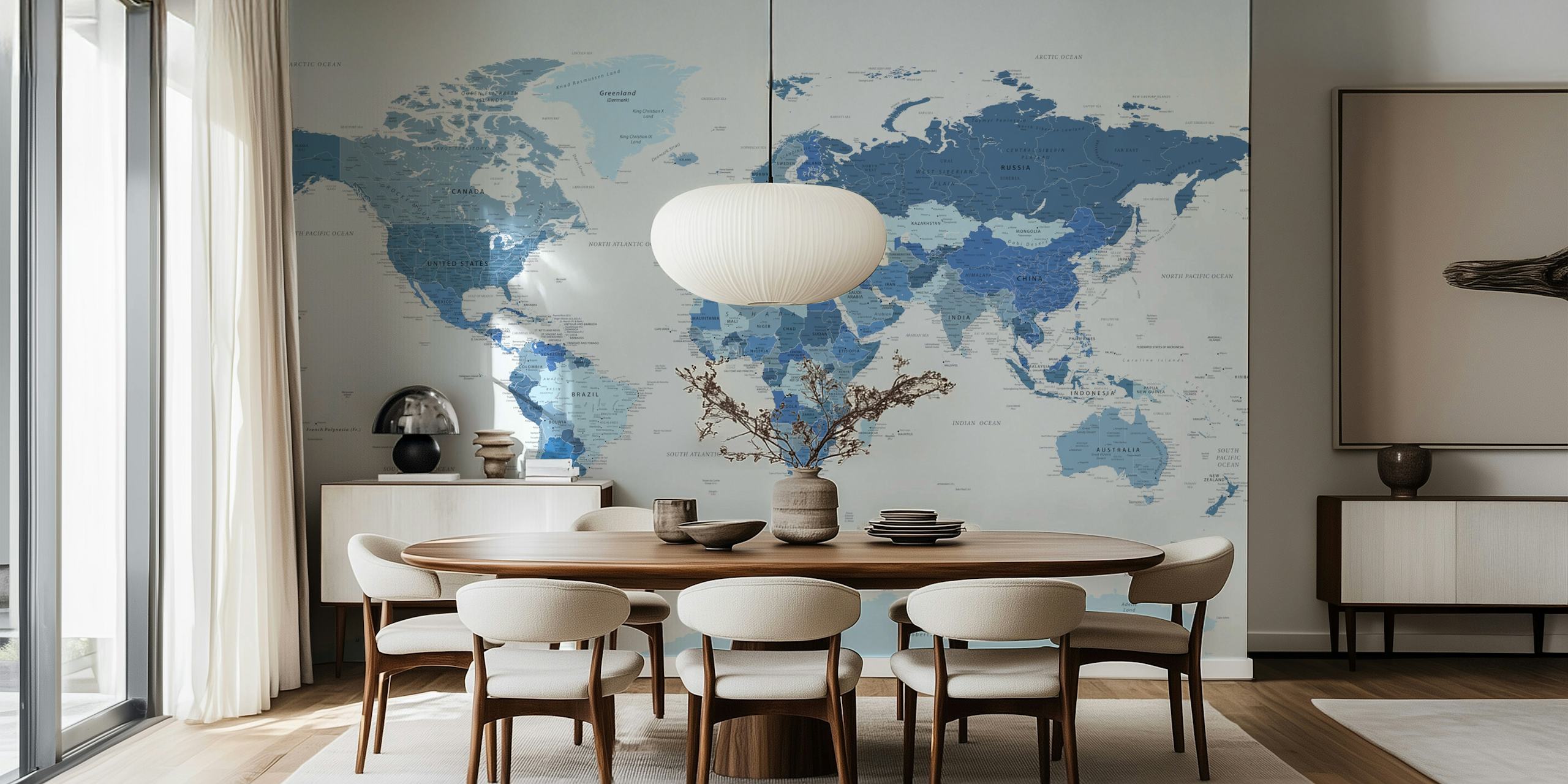 Detailed world map in various shades of blue wallpaper