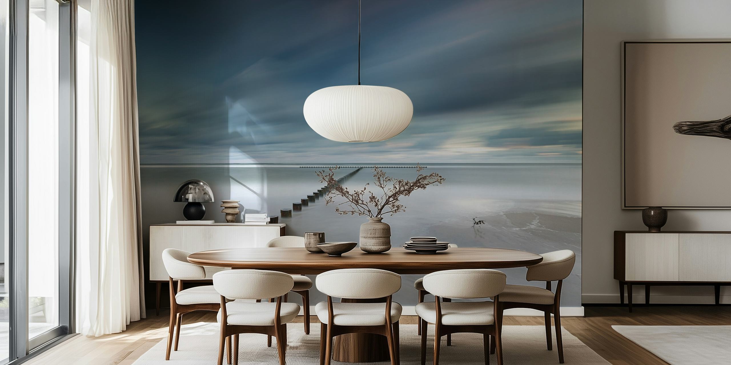 Tranquil seascape wall mural with minimalist jetty extending into the horizon