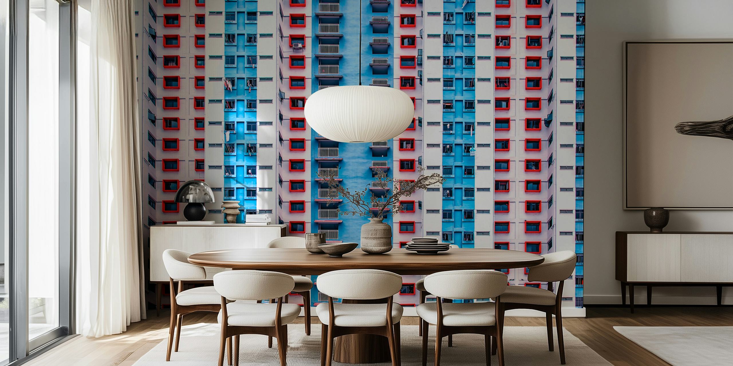 Geometric blue and red design wallpaper featuring architectural patterns.