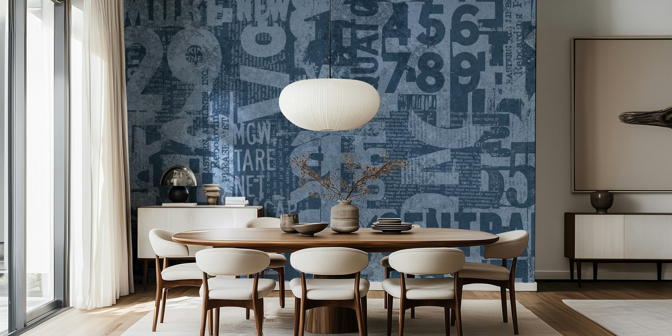 Blue grunge typography wallpaper in a room