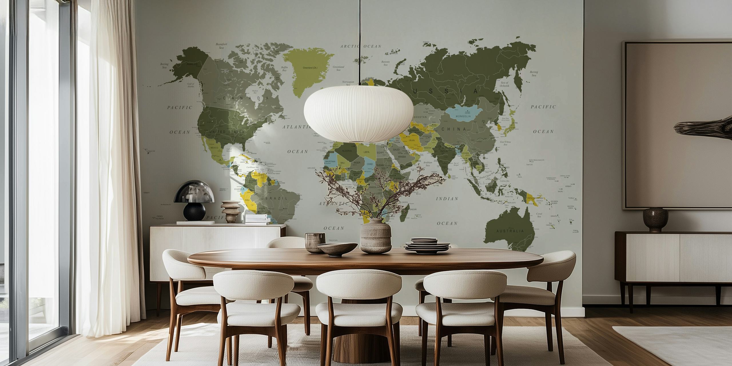 World map illustration in khaki green tones wallpaper