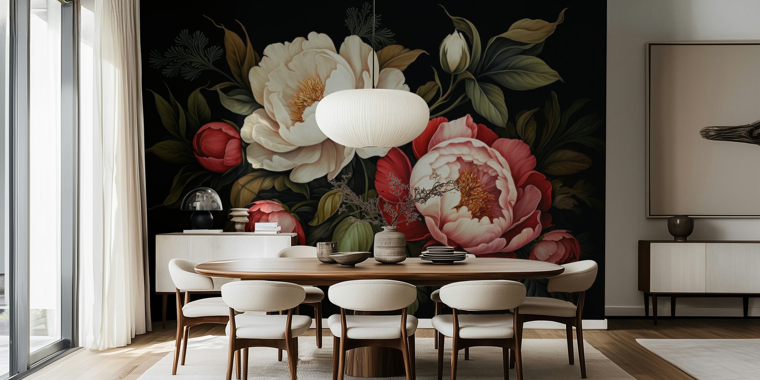 Red Baroque Opulent Moody Night Peonies wallpaper