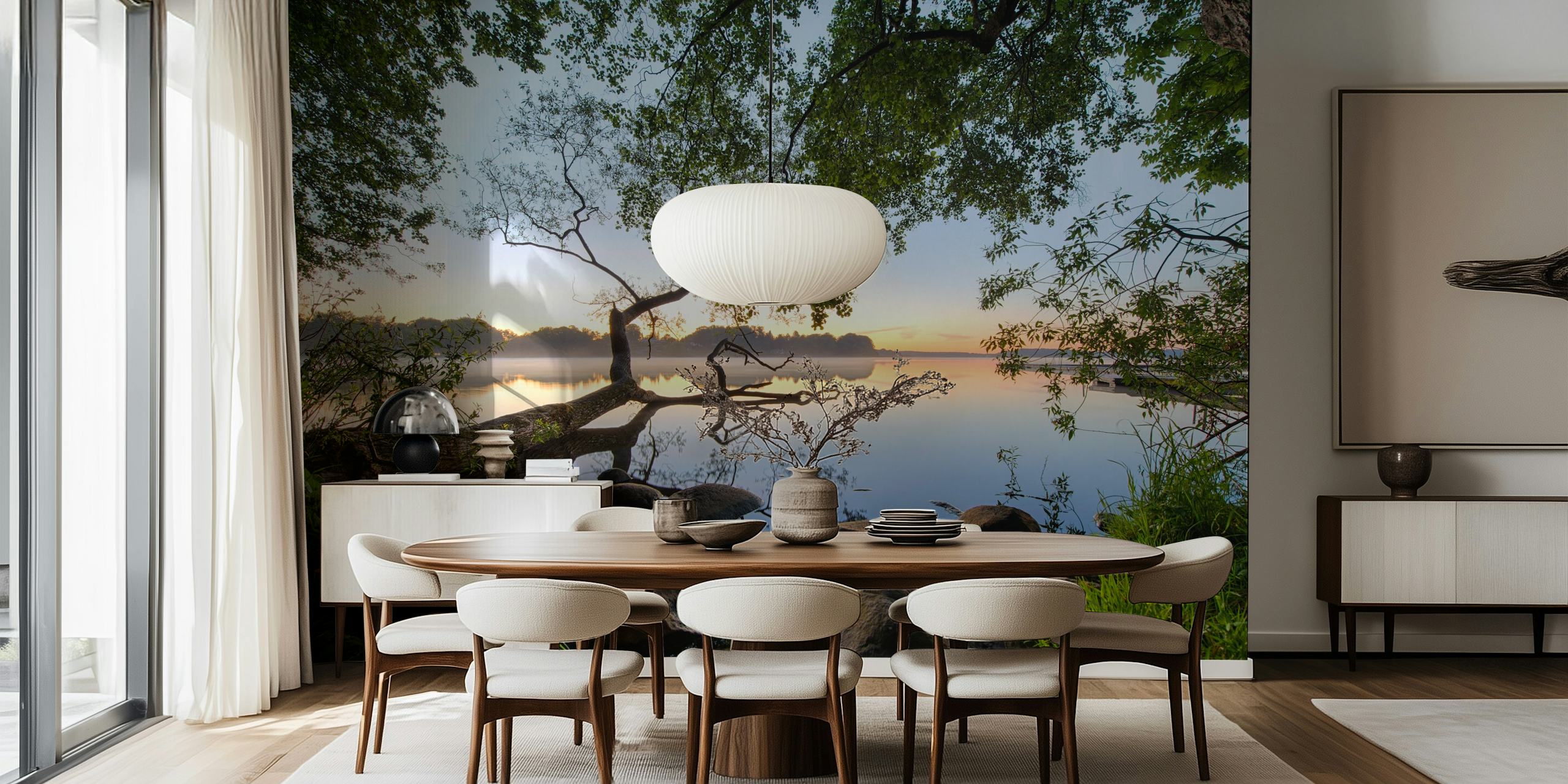 Lake view with trees and rocks reflecting on water wallpaper