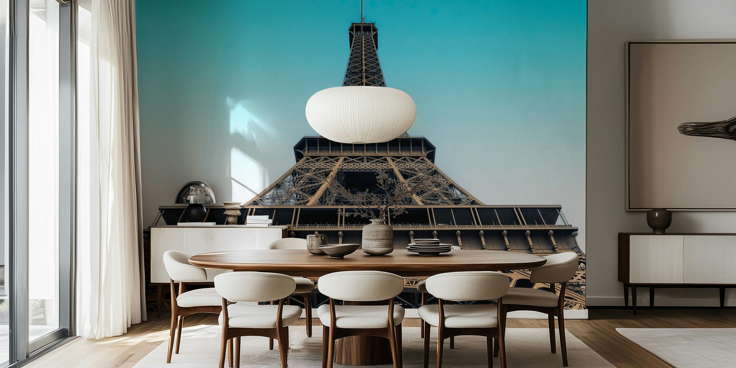 Eiffel Tower wall mural with clear blue skies