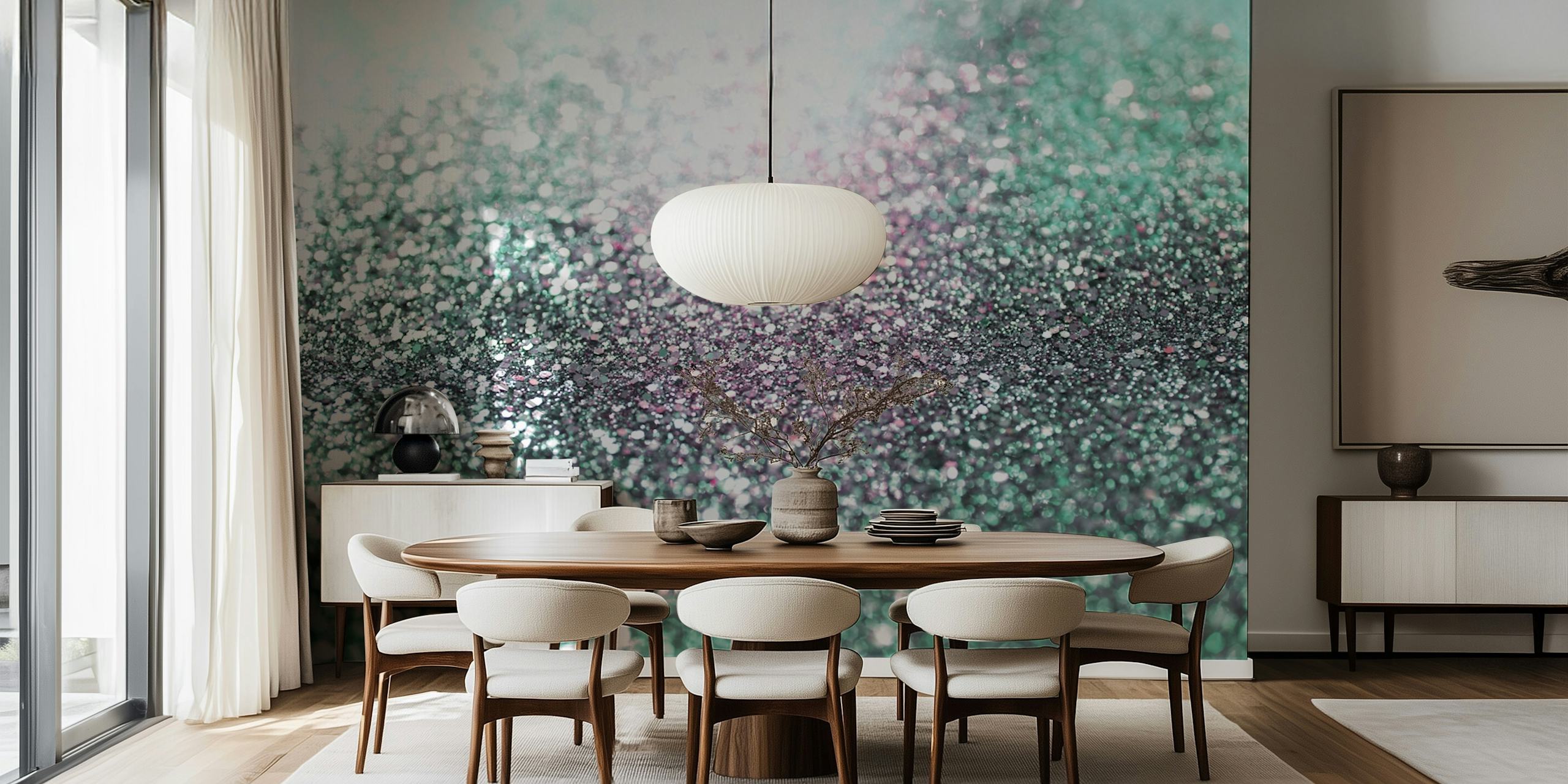 Papier peint chatoyant inspiré d'une queue de sirène avec des paillettes vertes et roses